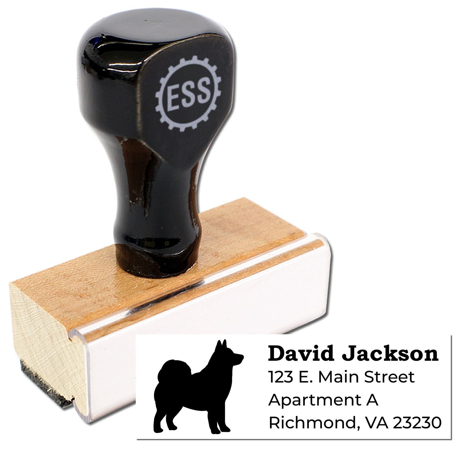 Alaskan Malamute Silhouette Address Rubber Stamp with a wooden handle and black silhouette design. Includes sample address text: David Jackson, 123 E. Main Street, Richmond, VA 23230.