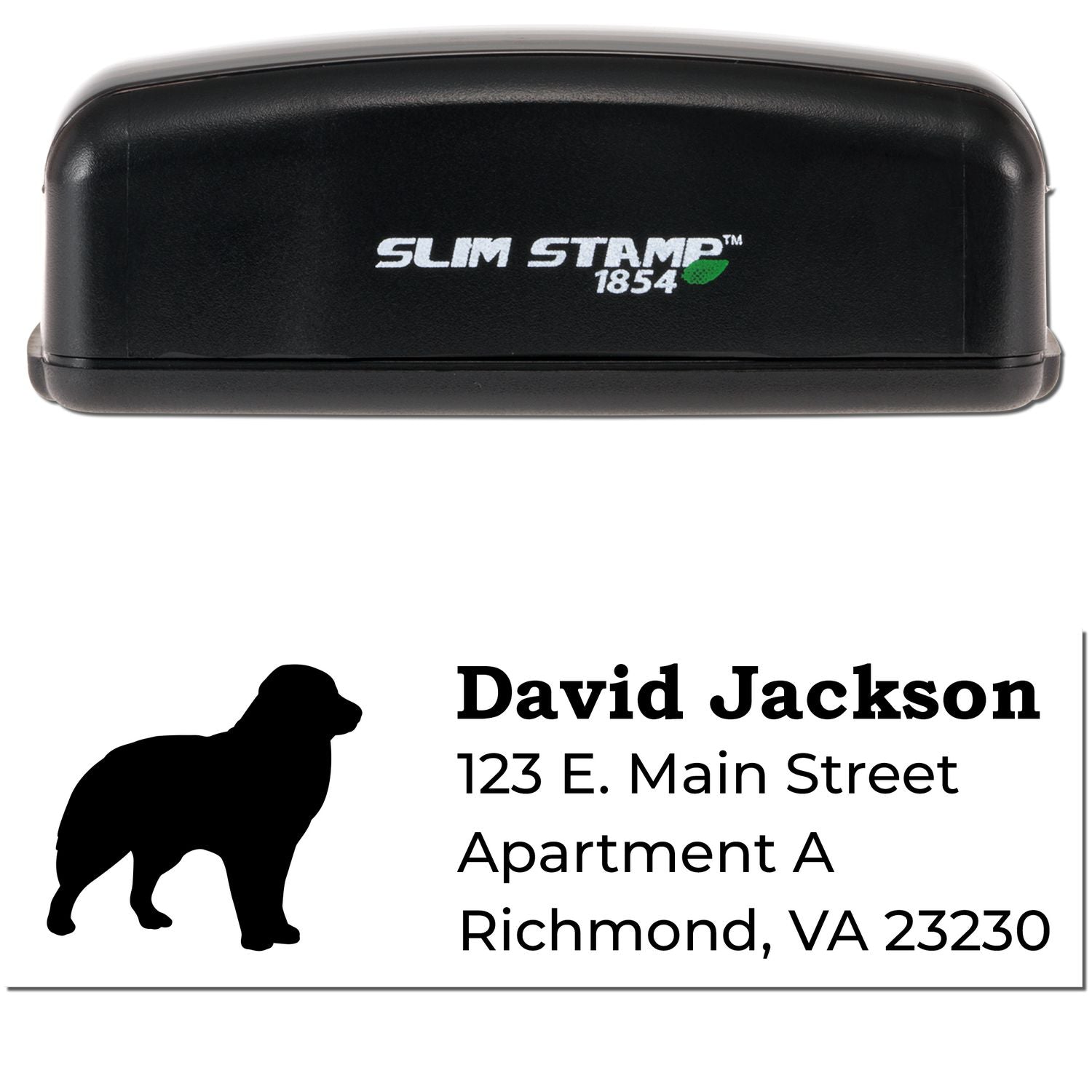 Slim Pre-Inked Australian Shepherd Address Stamp with a black casing and a silhouette of an Australian Shepherd. Customizable address example shown below the stamp.