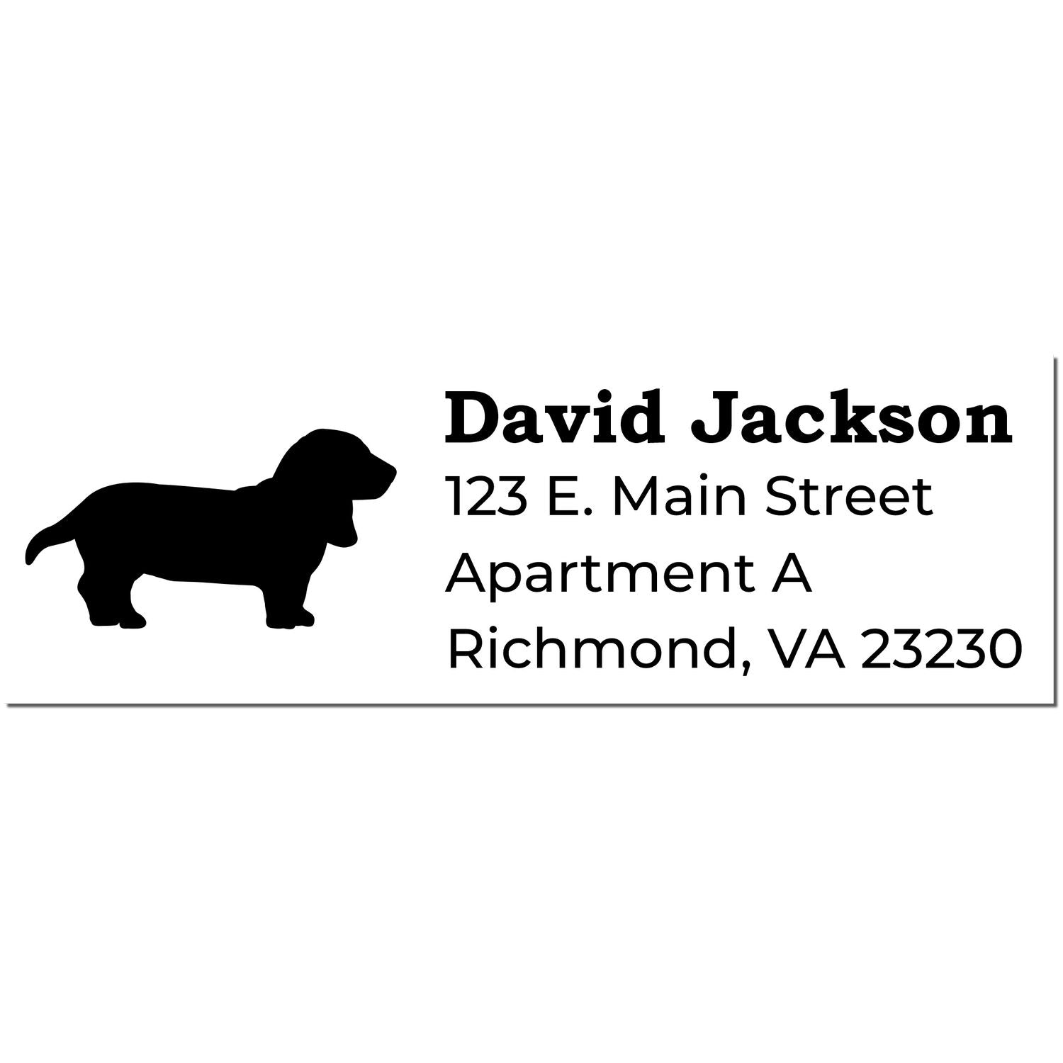 Slim Pre-Inked Basset Hound Address Stamp featuring a silhouette of a Basset Hound, personalized with the name David Jackson and address details in bold, clear font.