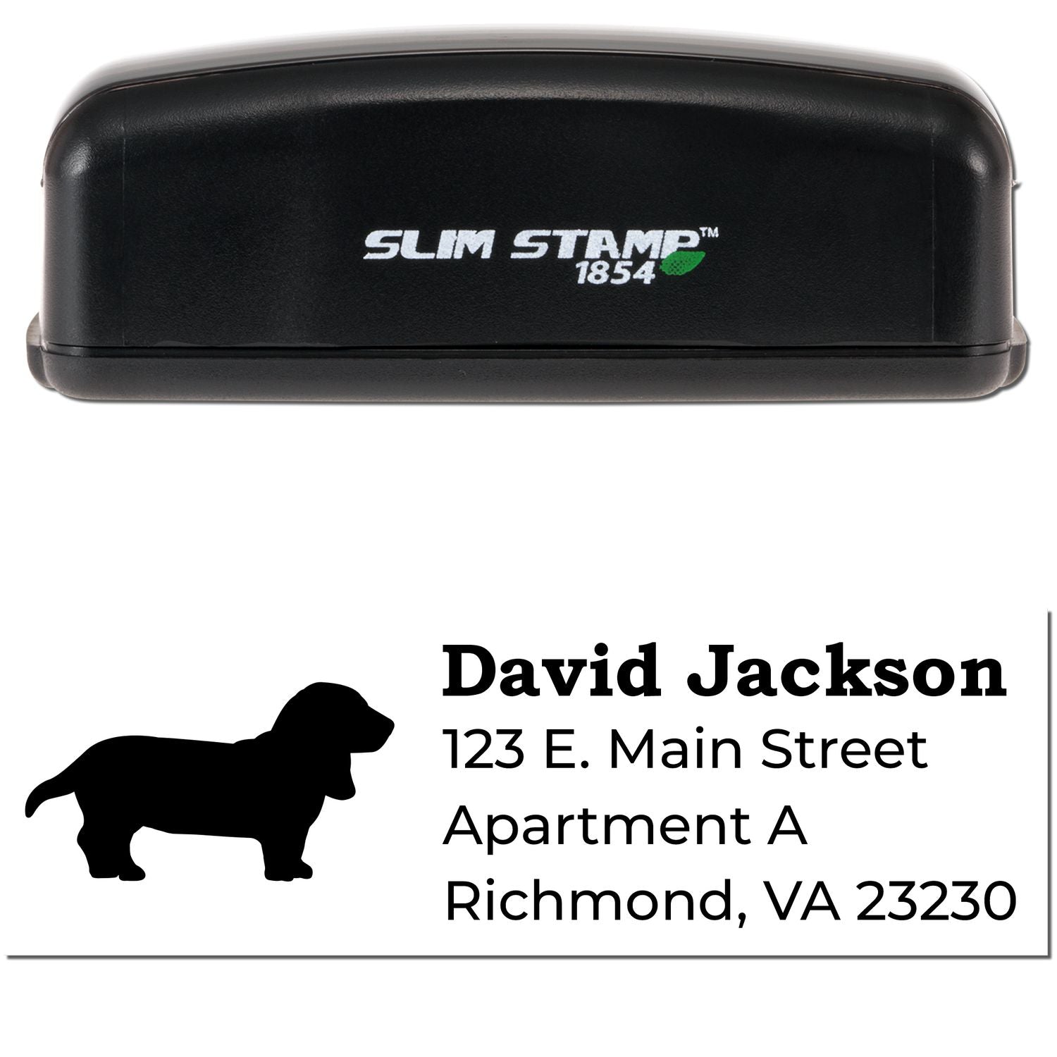 Slim Pre-Inked Basset Hound Address Stamp with a black casing. Features a basset hound silhouette and sample address: David Jackson, 123 E. Main Street, Apartment A, Richmond, VA 23230.