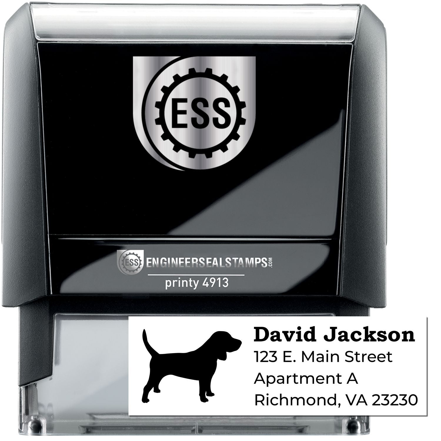 Self-Inking Beagle Dog Address Stamp featuring a black casing with a beagle silhouette. Personalizes addresses with ease. Example text: David Jackson, 123 E. Main Street, Richmond, VA 23230.