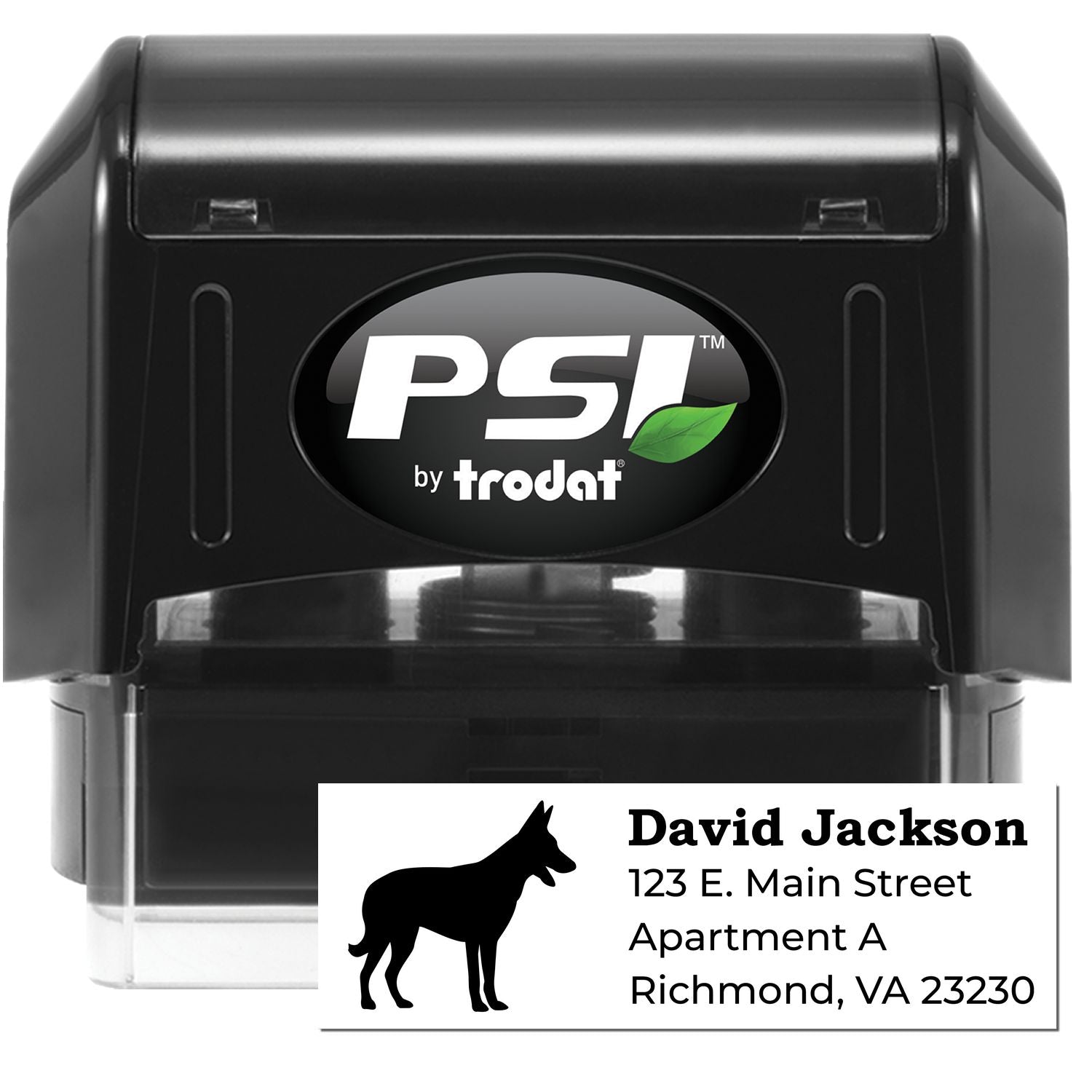 PSI Pre-Inked Personalized Belgian Malinois Address Stamp featuring a black casing and a silhouette of a Belgian Malinois. Customizable with name and address details.