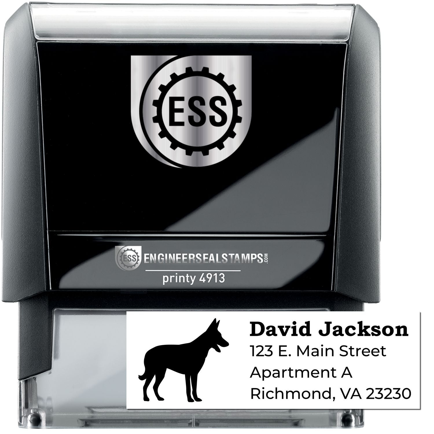 Self-Inking Belgian Malinois Dog Address Stamp featuring a black casing with a dog silhouette and sample address text. Ideal for personalized mailings and efficient stamping.