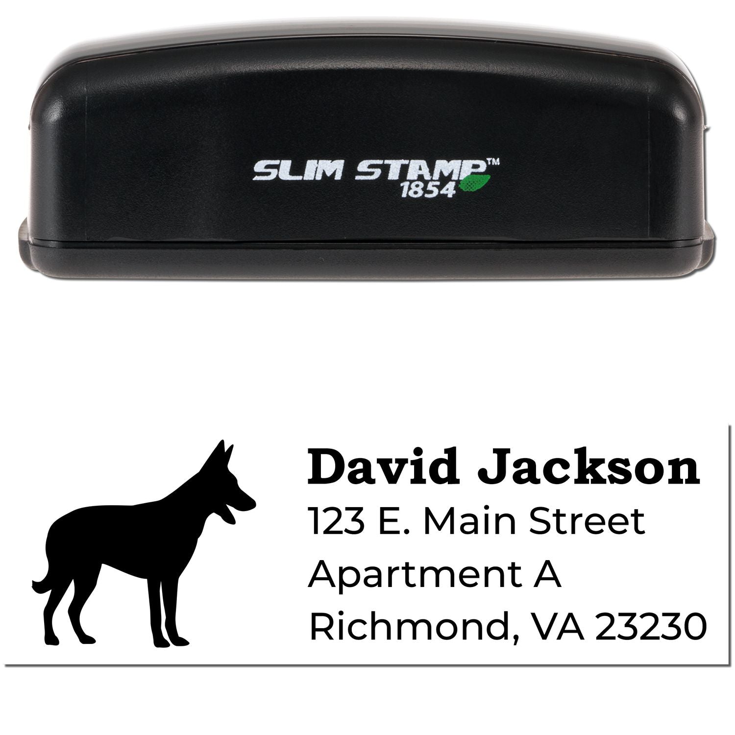 Slim Pre-Inked Belgian Malinois Address Stamp with a black case and a silhouette of a Belgian Malinois next to sample address text. Compact design for efficient stamping.