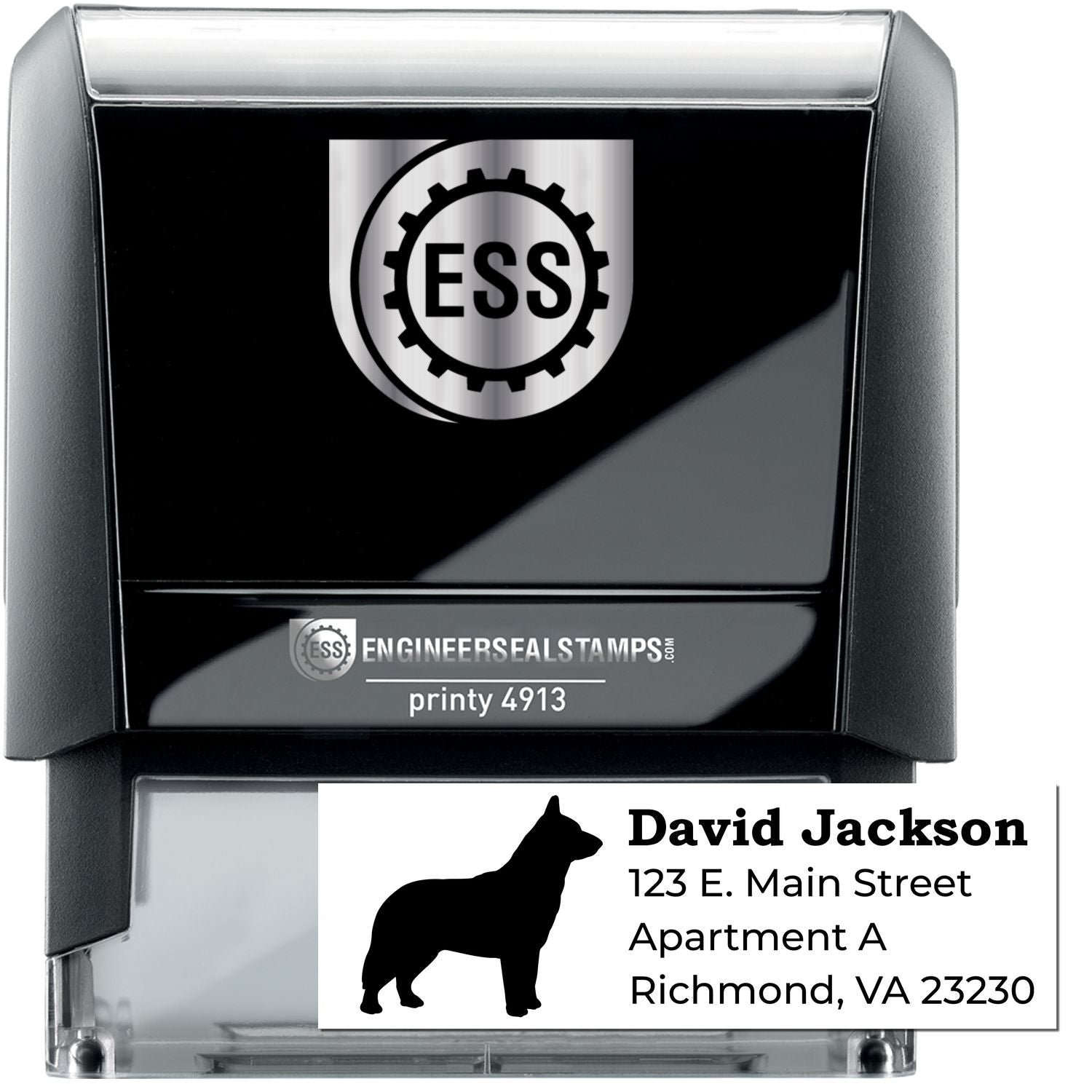 Self-Inking Blue Heeler Dog Address Stamp with a silhouette of a Blue Heeler. Features customizable address text. Compact, black design ideal for personal or business use.