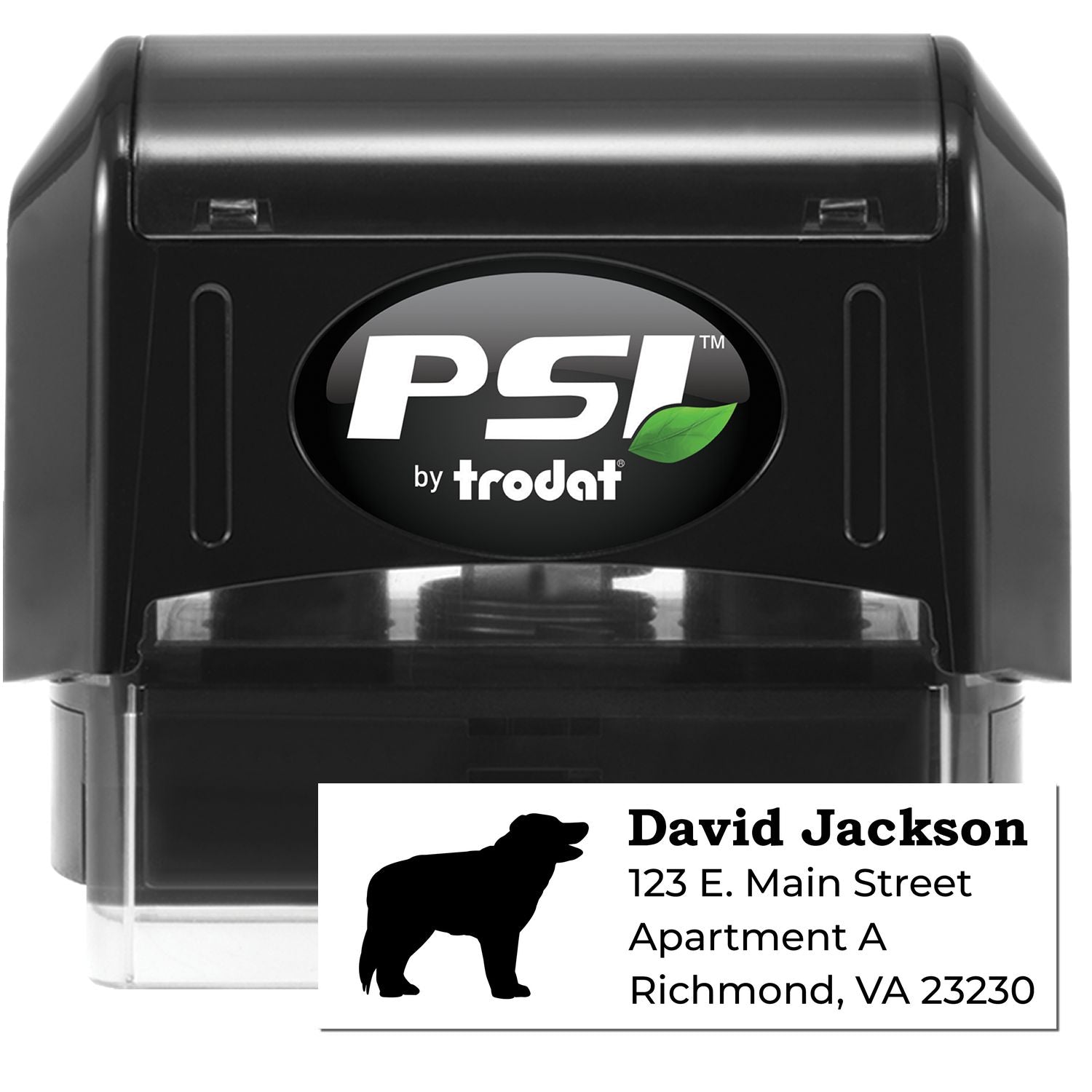 PSI Pre-Inked Personalized Border Collie Address Stamp featuring a black casing and a sample imprint with a Border Collie silhouette, name, and address. Perfect for pet lovers and efficient mailing.