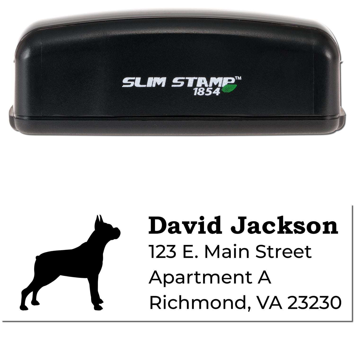 Slim Pre-Inked Boxer Address Stamp with a black casing and a sample address featuring a silhouette of a boxer dog. Compact design for efficient stamping.