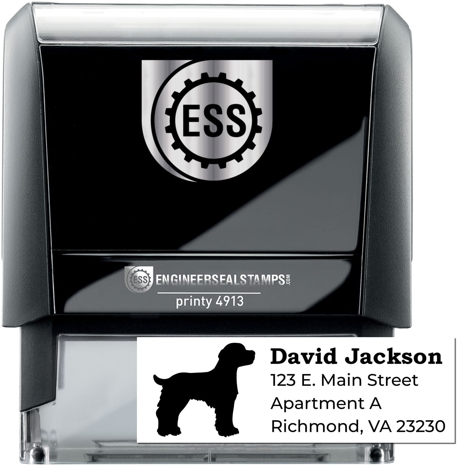 Self-Inking Brittany Spaniel Dog Address Stamp with a black silhouette of a Brittany Spaniel. Features customizable address text. Compact and efficient design for personal or business use.