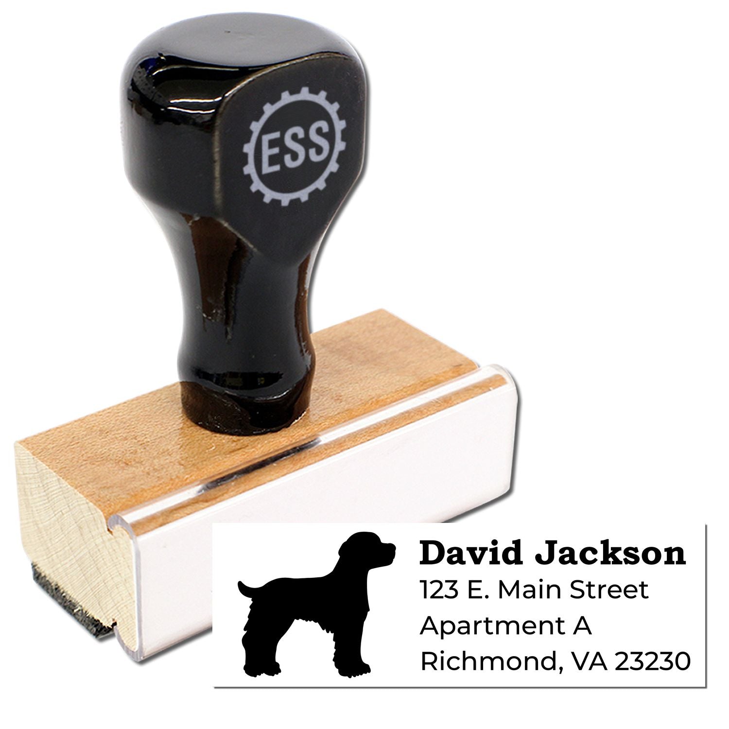 Brittany Spaniel Silhouette Address Rubber Stamp with wooden handle and black grip. Features a dog silhouette and customizable address text. Ideal for personalizing mail with style.