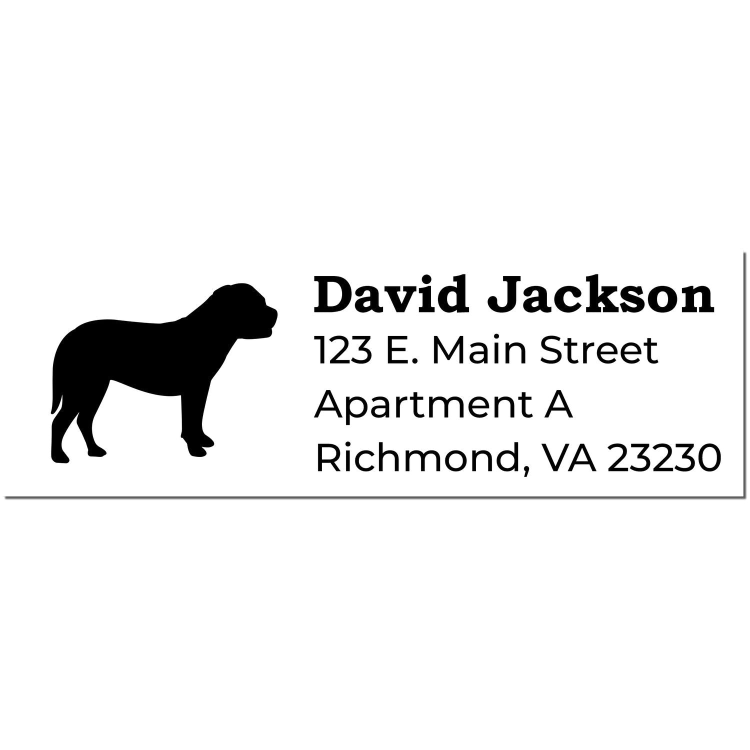 Self-Inking Bullmastiff Dog Address Stamp featuring a silhouette of a Bullmastiff and sample address text in bold, clear font. Perfect for personalizing mail with a canine touch.