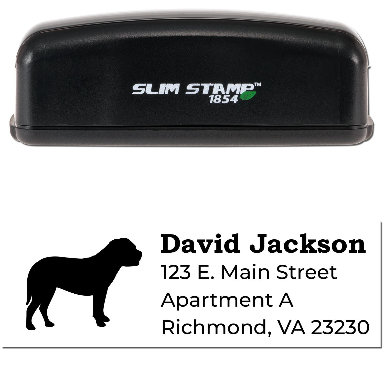 Slim Pre-Inked Bullmastiff Address Stamp with a black casing and a bullmastiff silhouette. Displays sample address: David Jackson, 123 E. Main Street, Apartment A, Richmond, VA 23230.