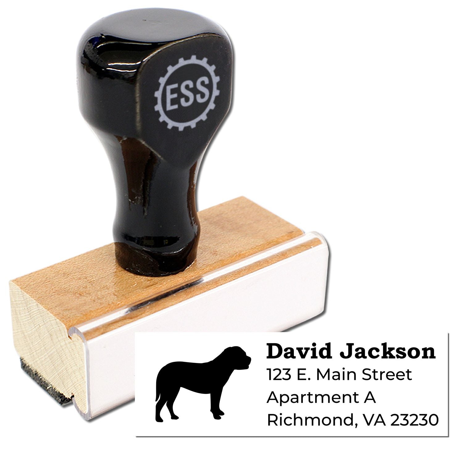 Bullmastiff Silhouette Address Rubber Stamp with wooden handle and black top. Features a bullmastiff silhouette and customizable address text. Perfect for personalizing mail and documents.