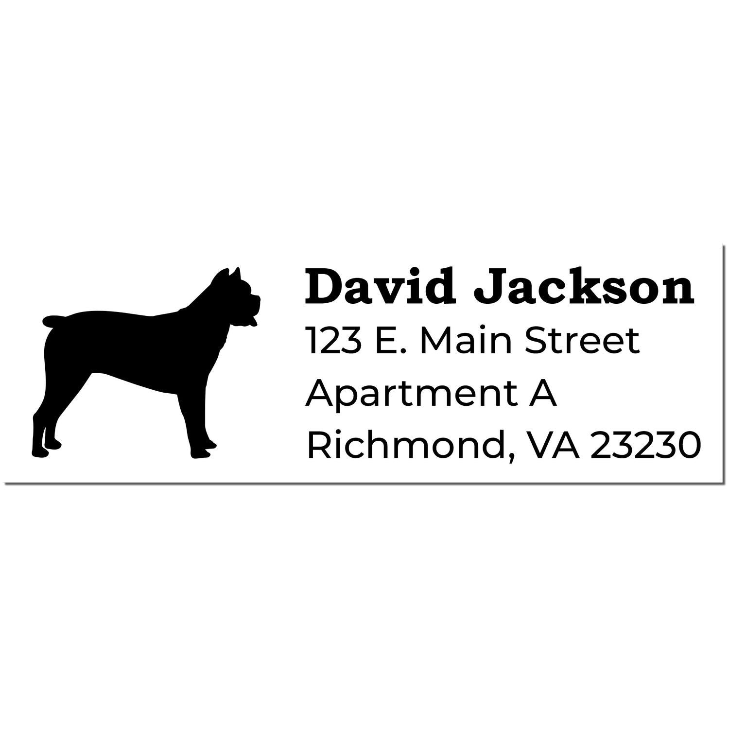 Slim Pre-Inked Cane Corso Address Stamp featuring a silhouette of a Cane Corso dog, personalized with the name David Jackson and address details in bold, clear font.