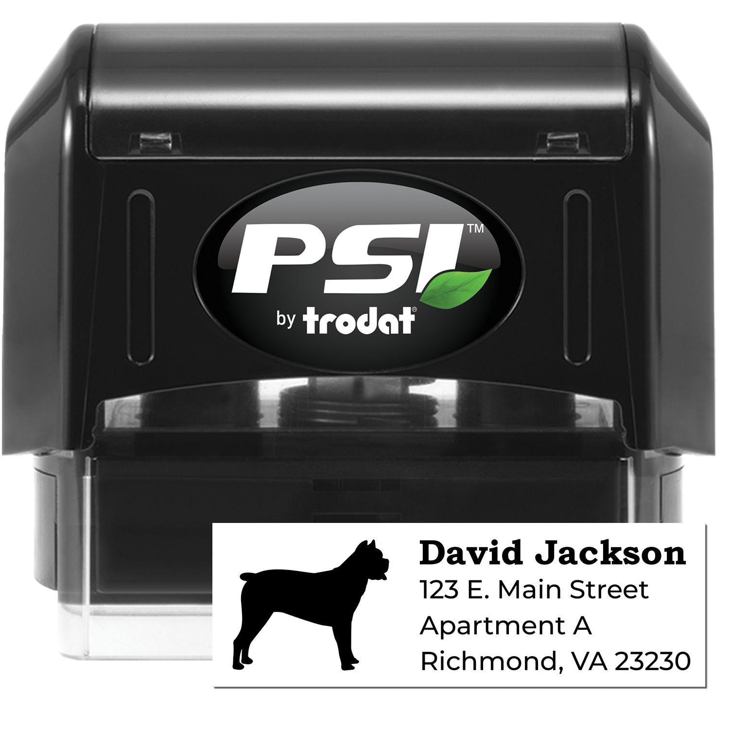 PSI Pre-Inked Personalized Cane Corso Address Stamp featuring a black casing with a silhouette of a Cane Corso and sample address text. Ideal for custom stamping needs.