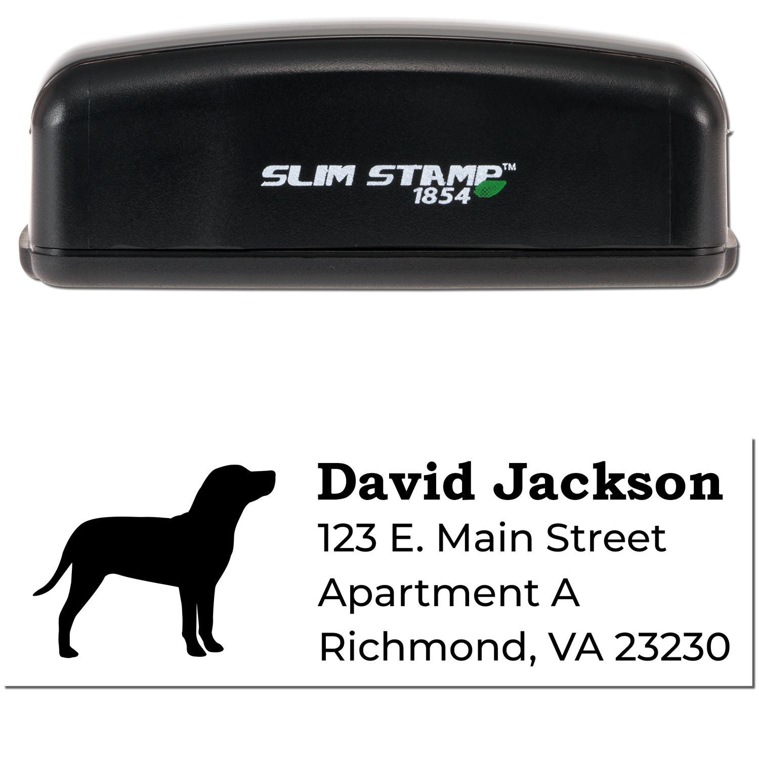 Slim Pre-Inked Catahoula Address Stamp with a black casing. Features a dog silhouette and sample address: David Jackson, 123 E. Main Street, Apartment A, Richmond, VA 23230.