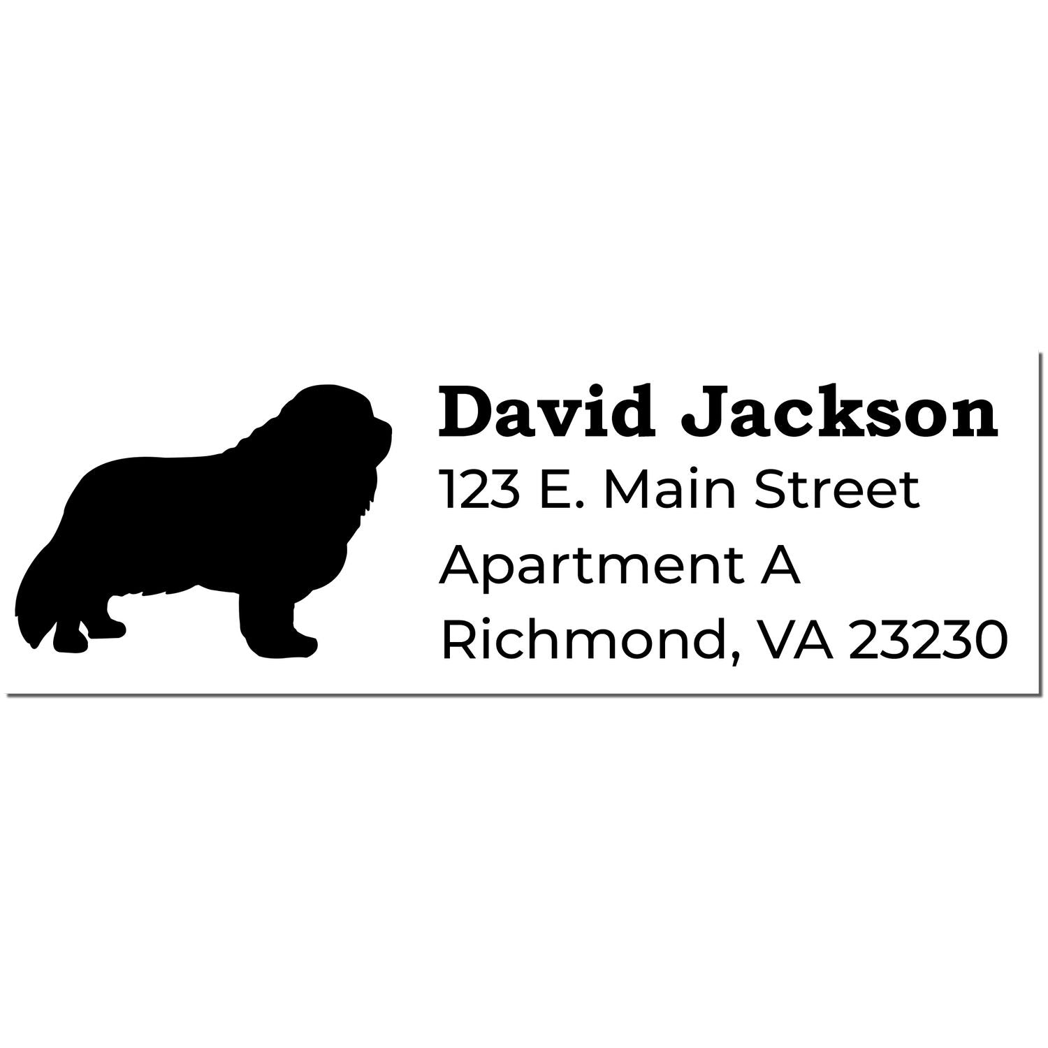 Self-Inking Cavalier King Charles Dog Address Stamp featuring a silhouette of the dog and sample address text: David Jackson, 123 E. Main Street, Apartment A, Richmond, VA 23230.