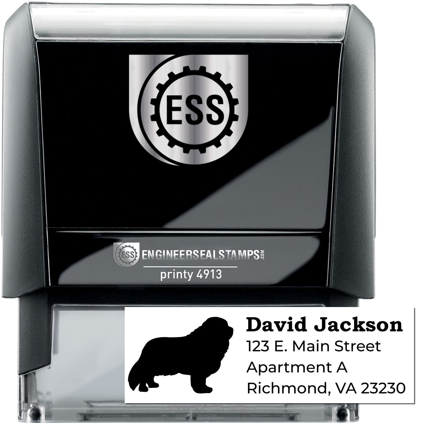 Self-Inking Cavalier King Charles Dog Address Stamp with a silhouette of the dog, personalized with David Jackson, 123 E. Main Street, Apartment A, Richmond, VA 23230 in black ink.