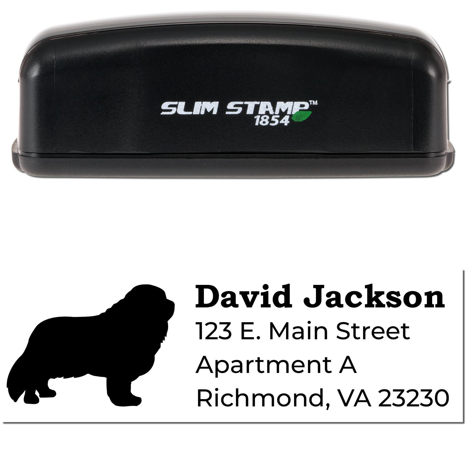 Slim Pre-Inked Cavalier King Charles Address Stamp featuring a black silhouette of the dog, personalized with name and address. Compact design with Slim Stamp 1854 branding on the case.