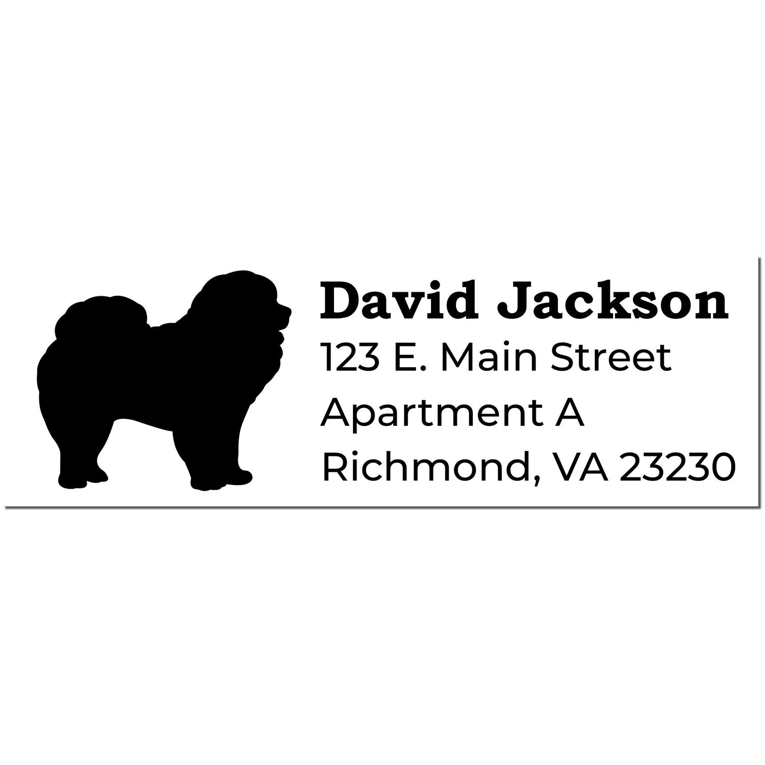 Slim Pre-Inked Chow Address Stamp featuring a silhouette of a Chow Chow dog and sample address text in bold, clear font. Ideal for personalized mailings and stationery.