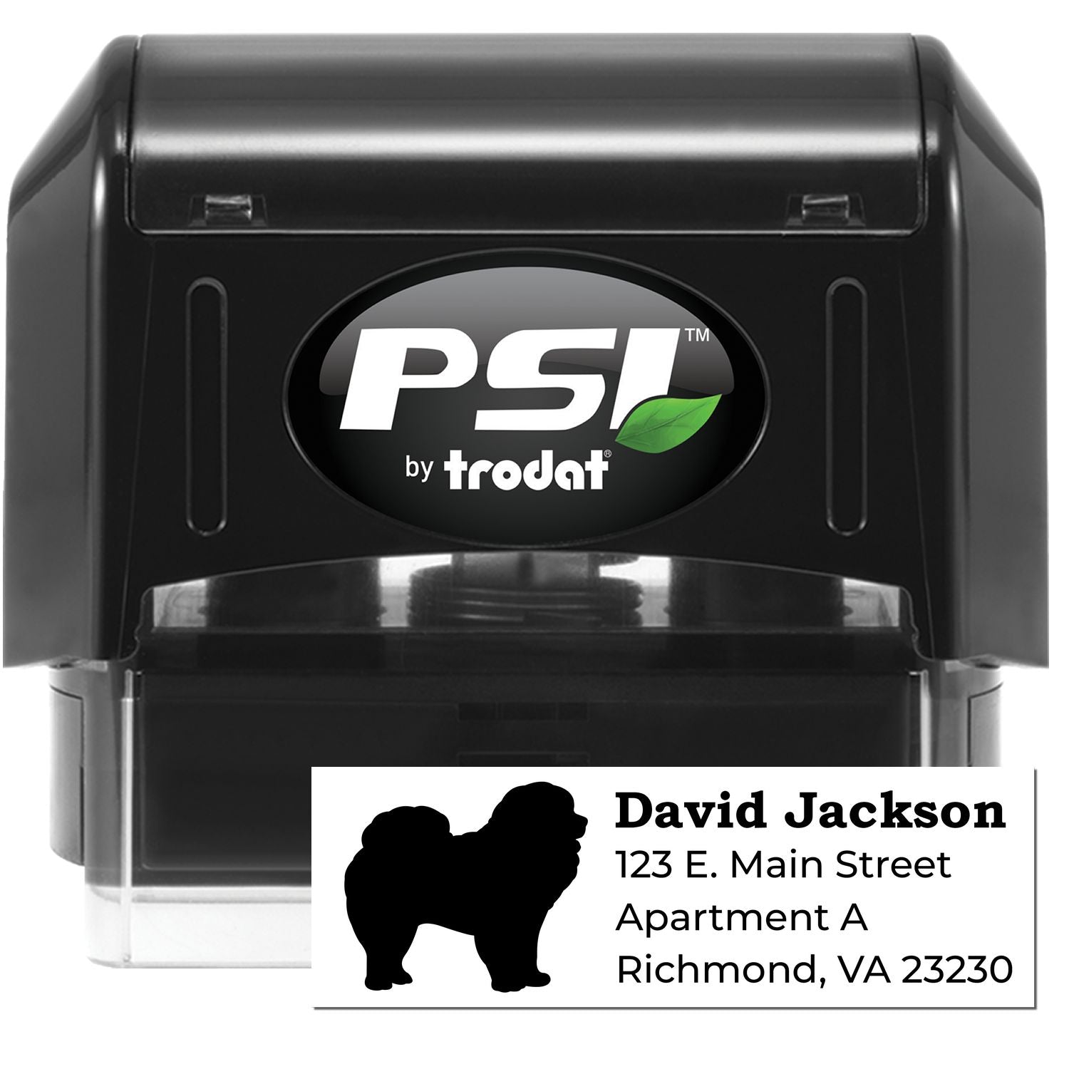 PSI Pre-Inked Personalized Chow Address Stamp featuring a black casing with a silhouette of a Chow Chow dog and sample address text. Ideal for adding a personal touch to your mail.