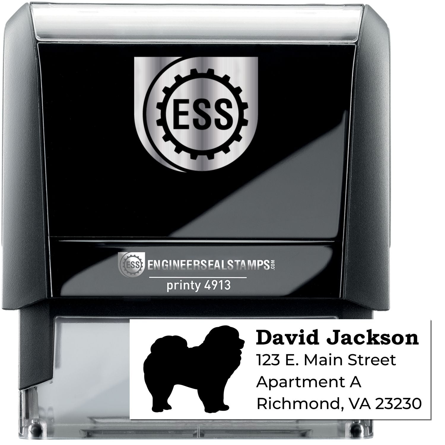 Self-Inking Chow Dog Address Stamp with a black casing, featuring a chow dog silhouette and sample address text. Ideal for personalized mailings.