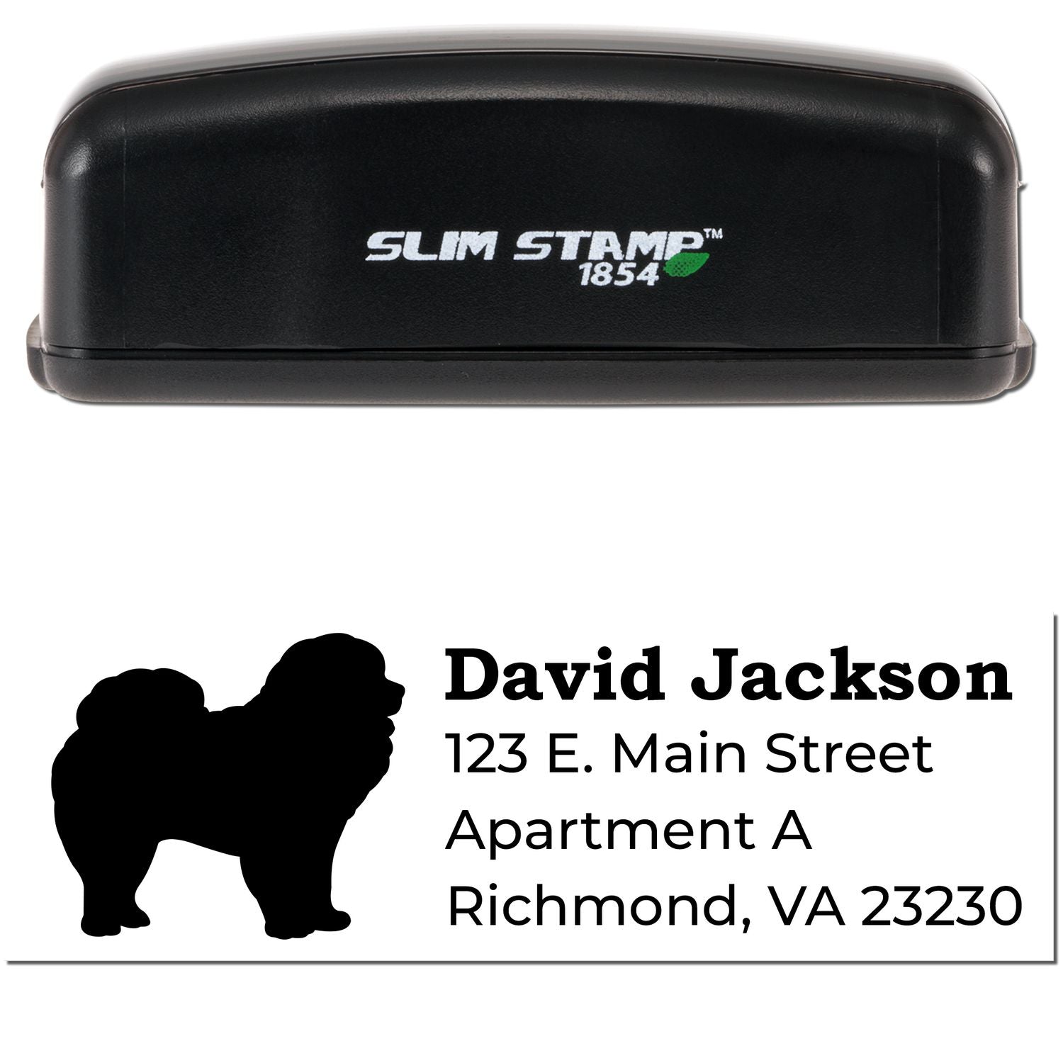 Slim Pre-Inked Chow Address Stamp with a black casing. Features a silhouette of a Chow Chow dog and sample address text. Compact design for efficient stamping.