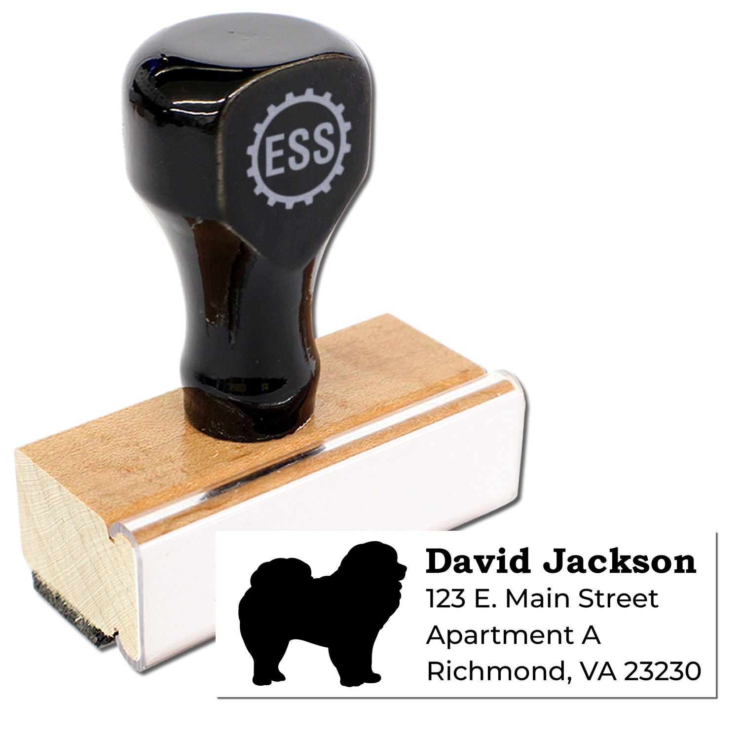 Chow Silhouette Address Rubber Stamp with a black handle and wooden base. Features a Chow Chow silhouette and sample address: David Jackson, 123 E. Main Street, Apartment A, Richmond, VA 23230.