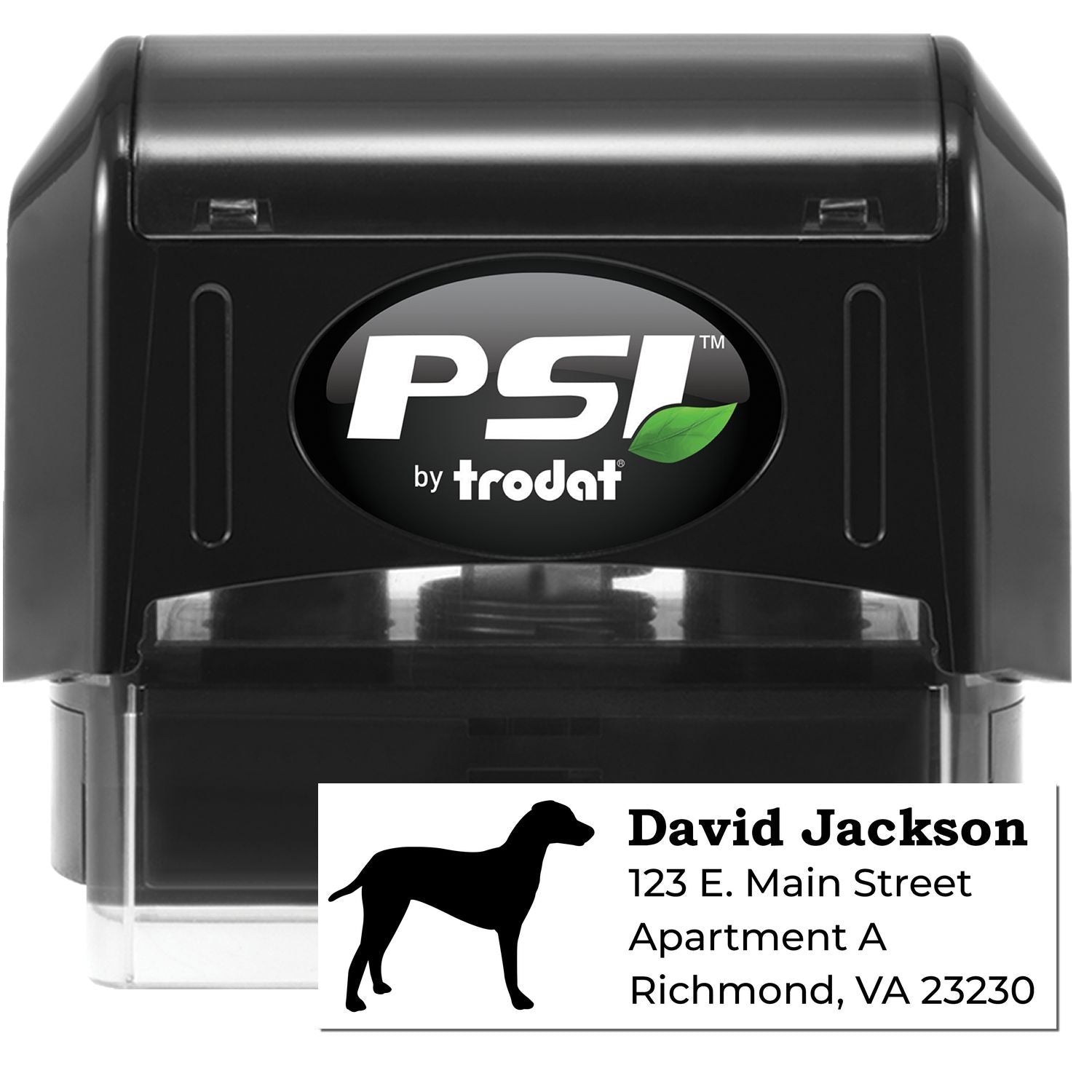 PSI Pre-Inked Personalized Dalmatian Address Stamp featuring a black casing and a sample imprint with a Dalmatian silhouette, name, and address. Perfect for custom mailing needs.