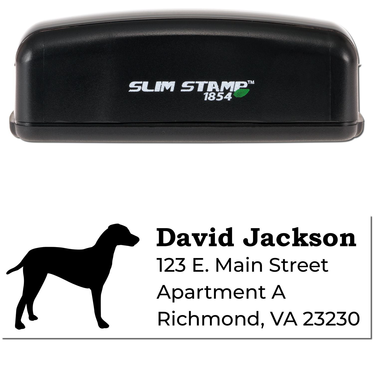 Slim Pre-Inked Dalmatian Address Stamp with a black casing. Features a silhouette of a Dalmatian and sample address text: David Jackson, 123 E. Main Street, Apartment A, Richmond, VA 23230.