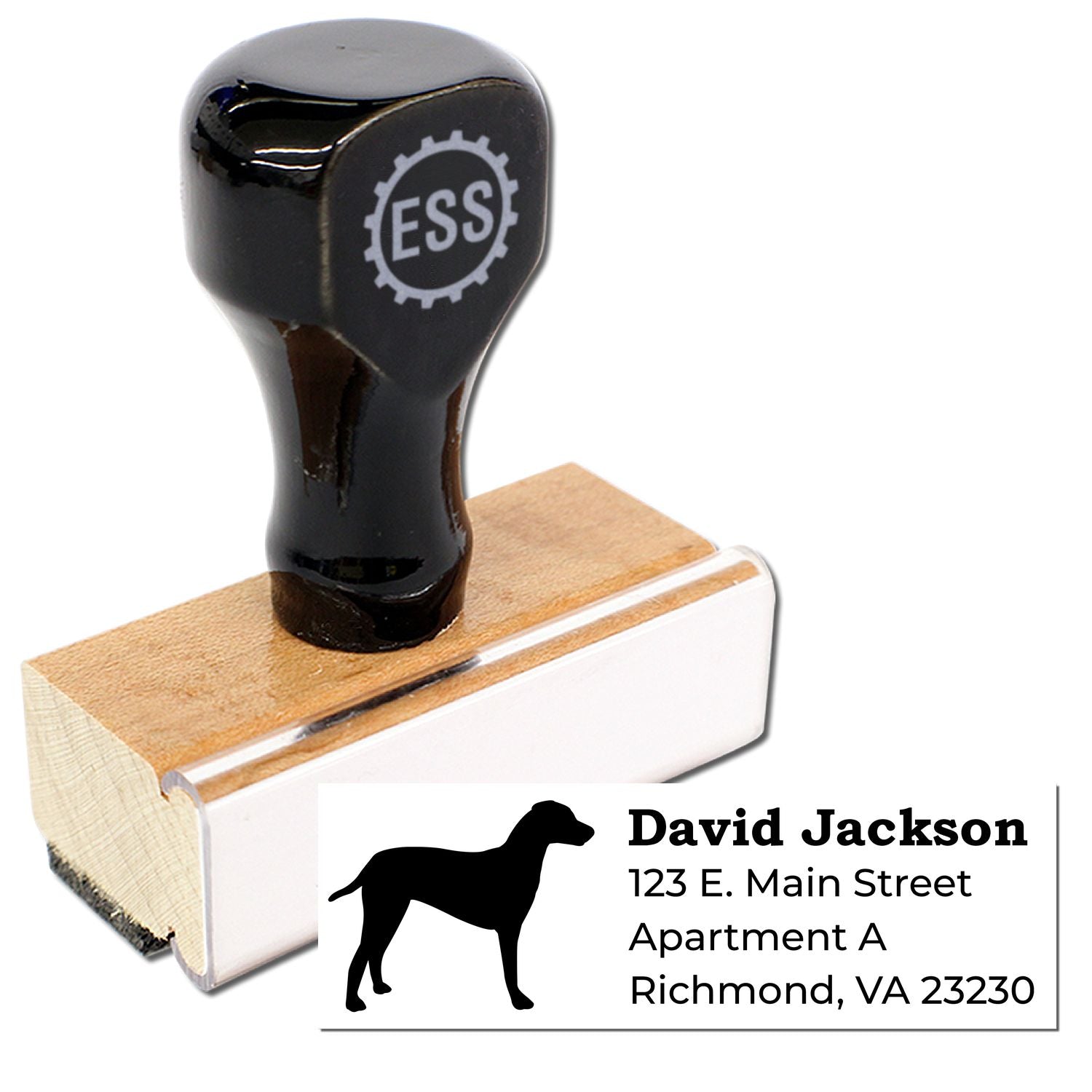 Dalmatian Silhouette Address Rubber Stamp with wooden handle and black top. Features a Dalmatian silhouette and customizable address text. Perfect for personalizing mail and stationery.