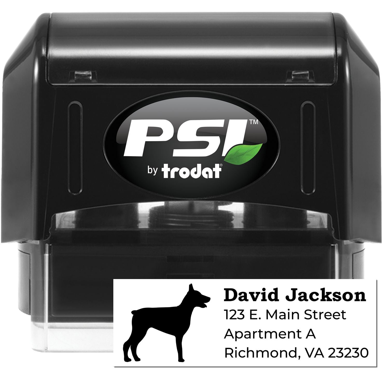 PSI Pre-Inked Personalized Doberman Address Stamp featuring a black casing and a Doberman silhouette. Customizable with name and address, ideal for personalizing mail.