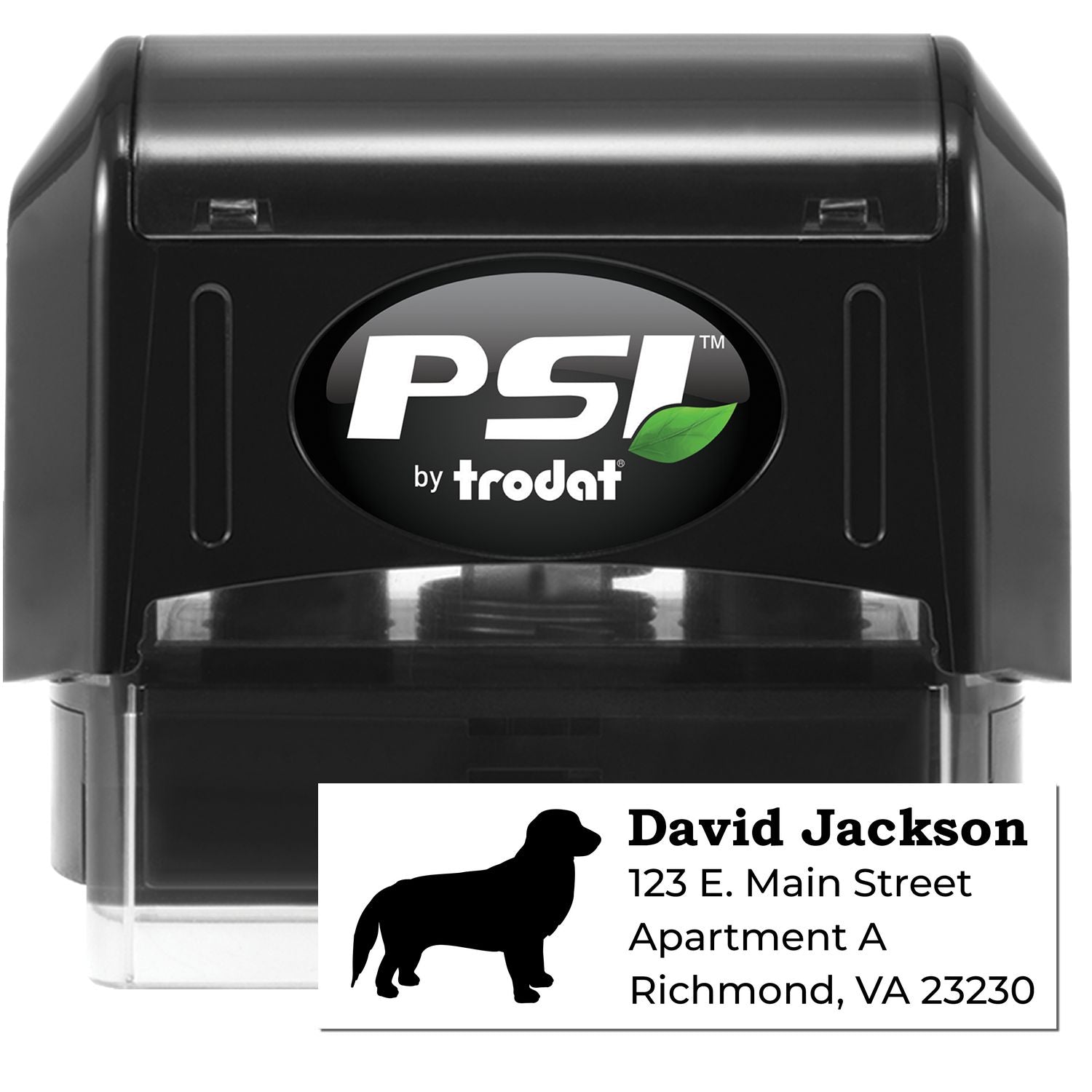 PSI Pre-Inked Personalized Golden Retriever Address Stamp featuring a black silhouette of a Golden Retriever, customizable address area, and sleek black casing.