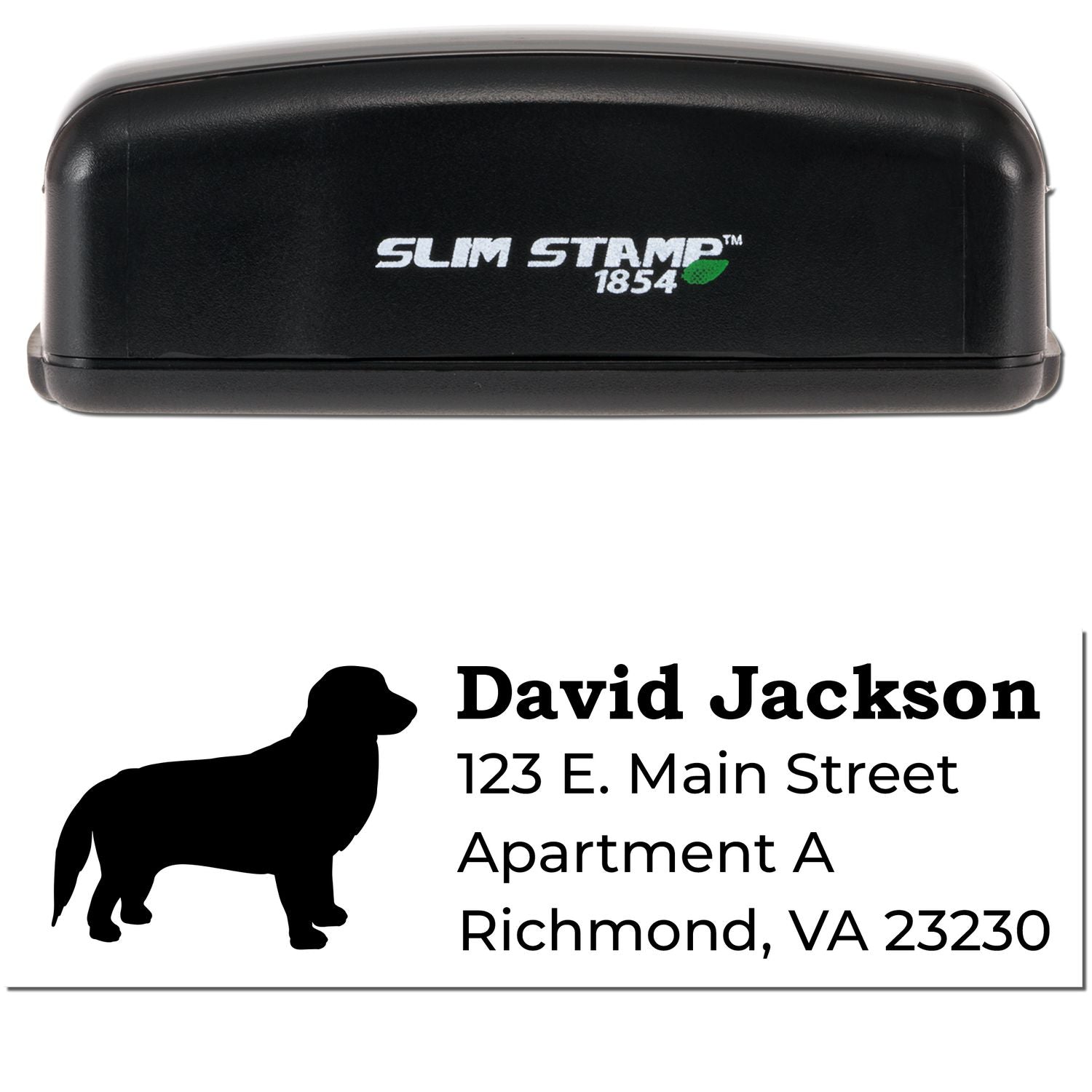 Slim Pre-Inked Golden Retriever Address Stamp with a black casing. Features a silhouette of a golden retriever and sample address text. Compact design for easy use and storage.