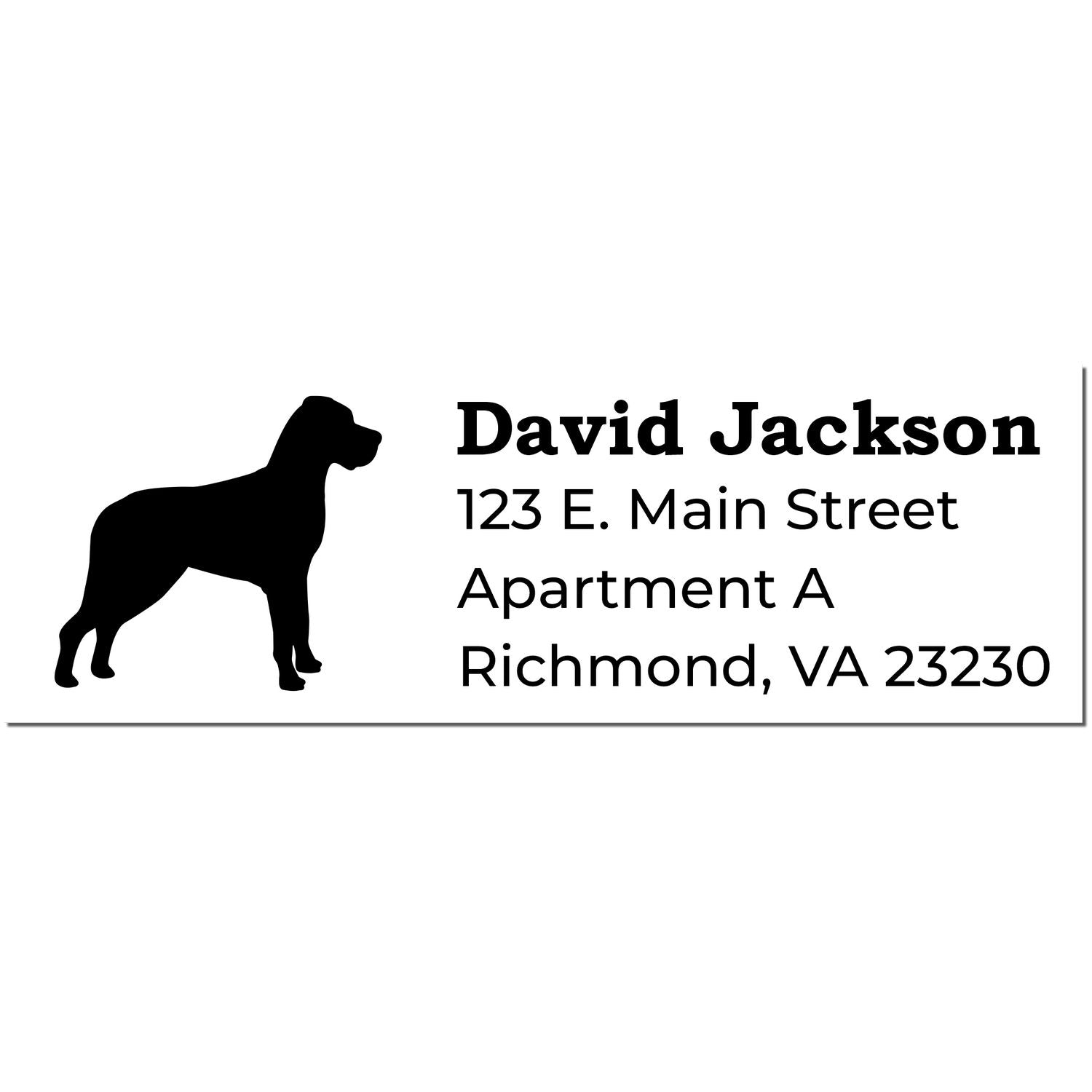 PSI Pre-Inked Personalized Great Dane Address Stamp featuring a silhouette of a Great Dane and sample address text in black. Perfect for adding a personal touch to your mail.