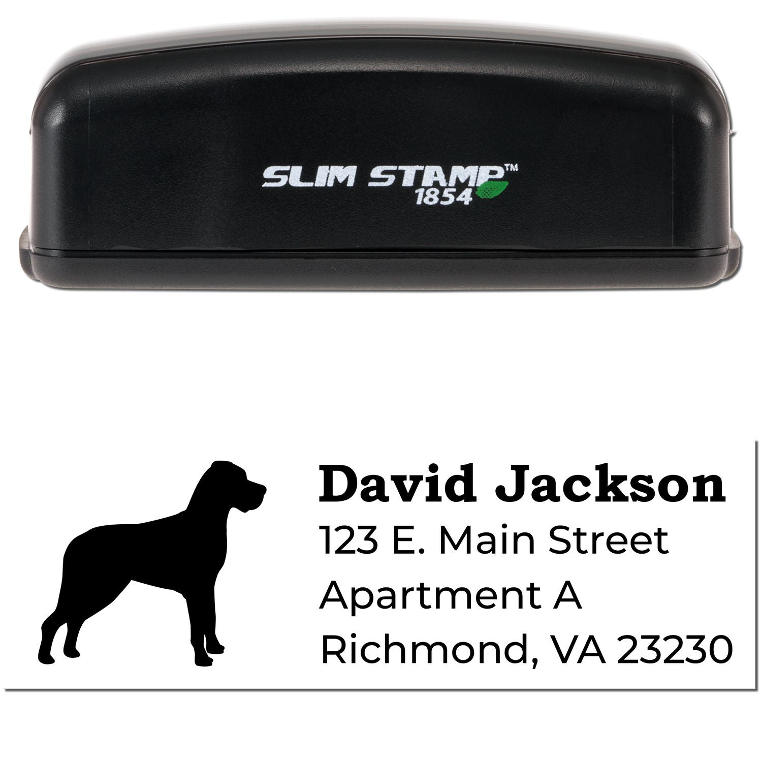 Slim Pre-Inked Great Dane Address Stamp with a black casing and a sample imprint showing a Great Dane silhouette, name, and address. Perfect for personalized stamping needs.