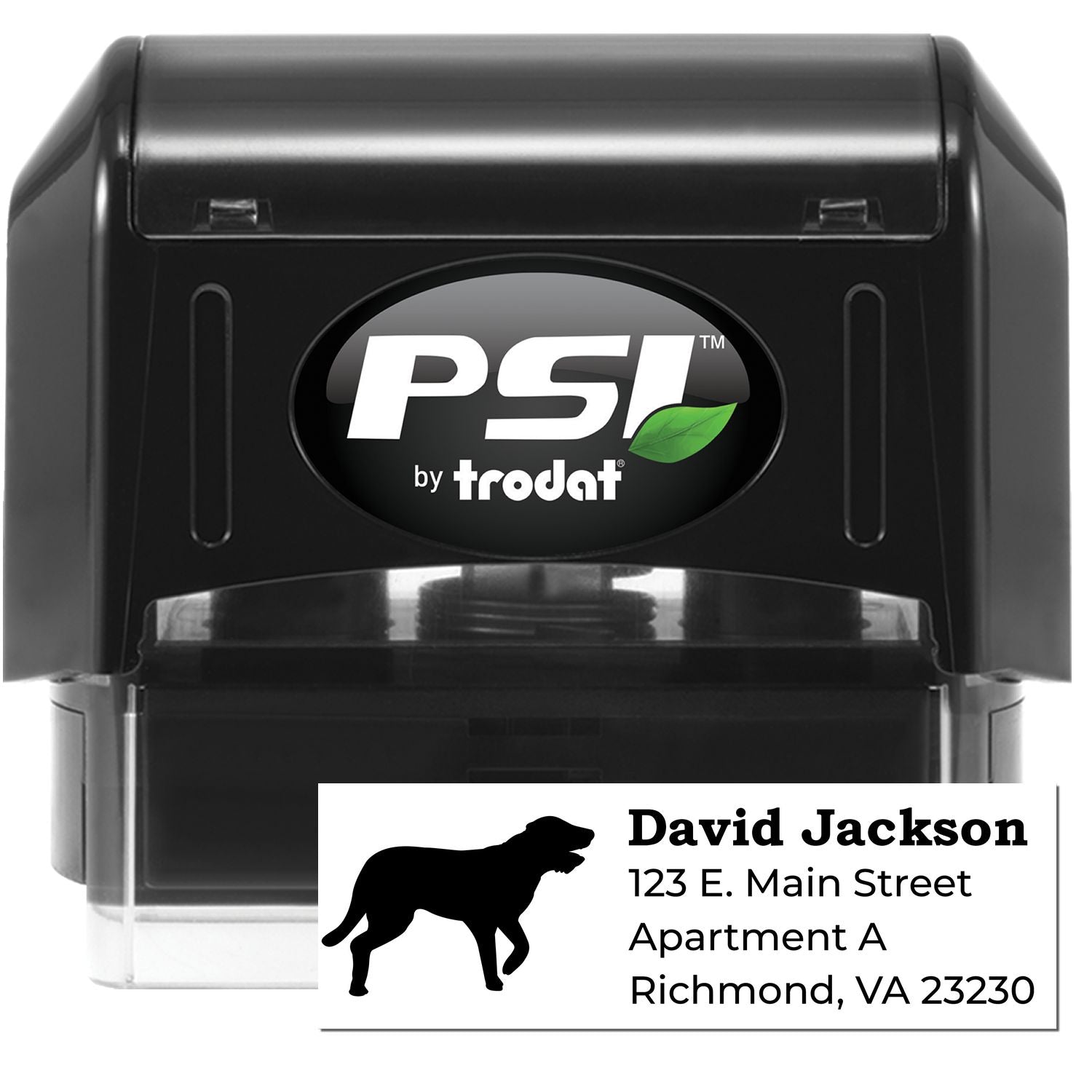 PSI Pre-Inked Personalized Irish Wolfhound Address Stamp featuring a black casing and a sample address with an Irish Wolfhound silhouette. Ideal for custom address stamping.