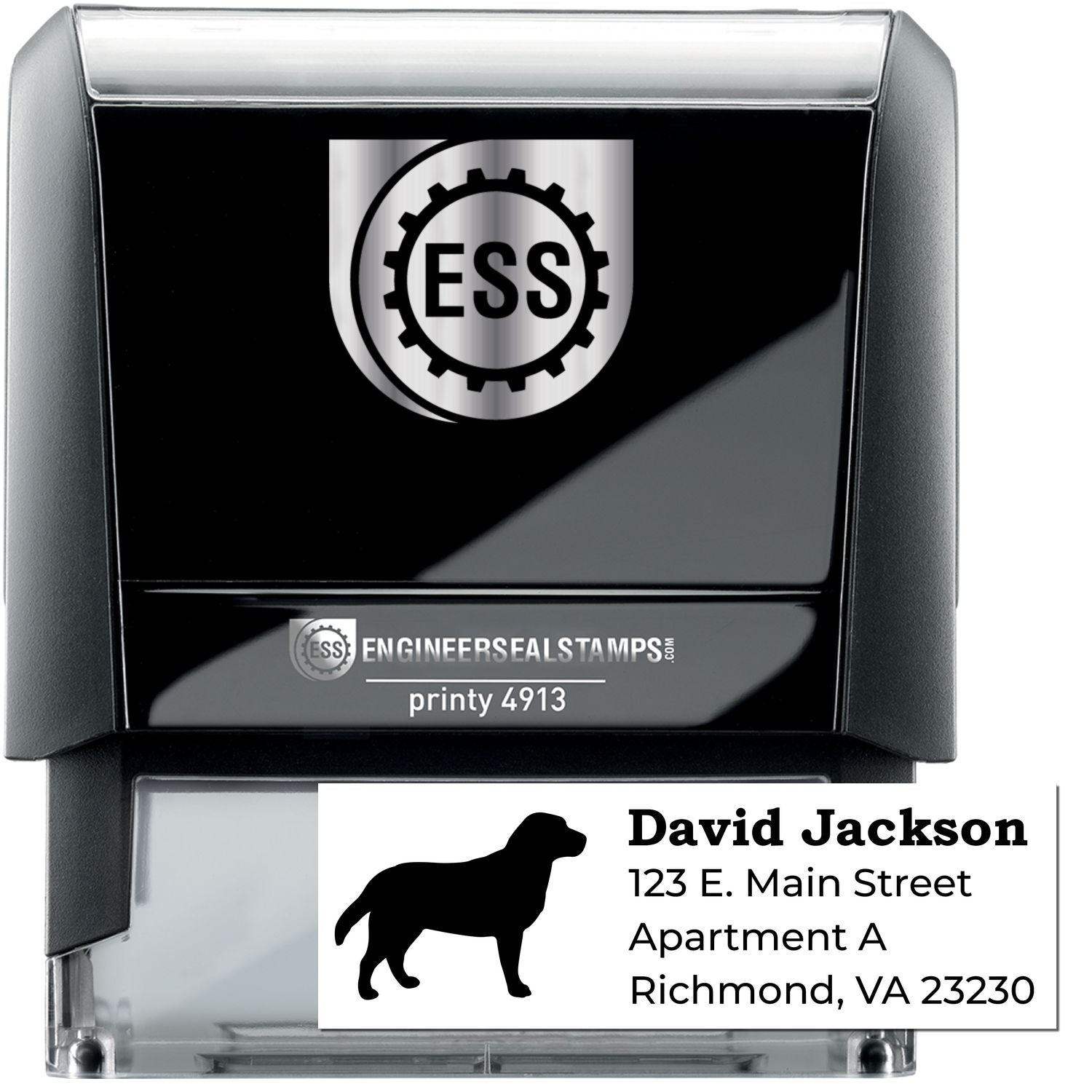 Self-Inking Labrador Dog Address Stamp featuring a black casing with a Labrador silhouette. Personalize with name and address. Ideal for quick, clean stamping on envelopes and packages.