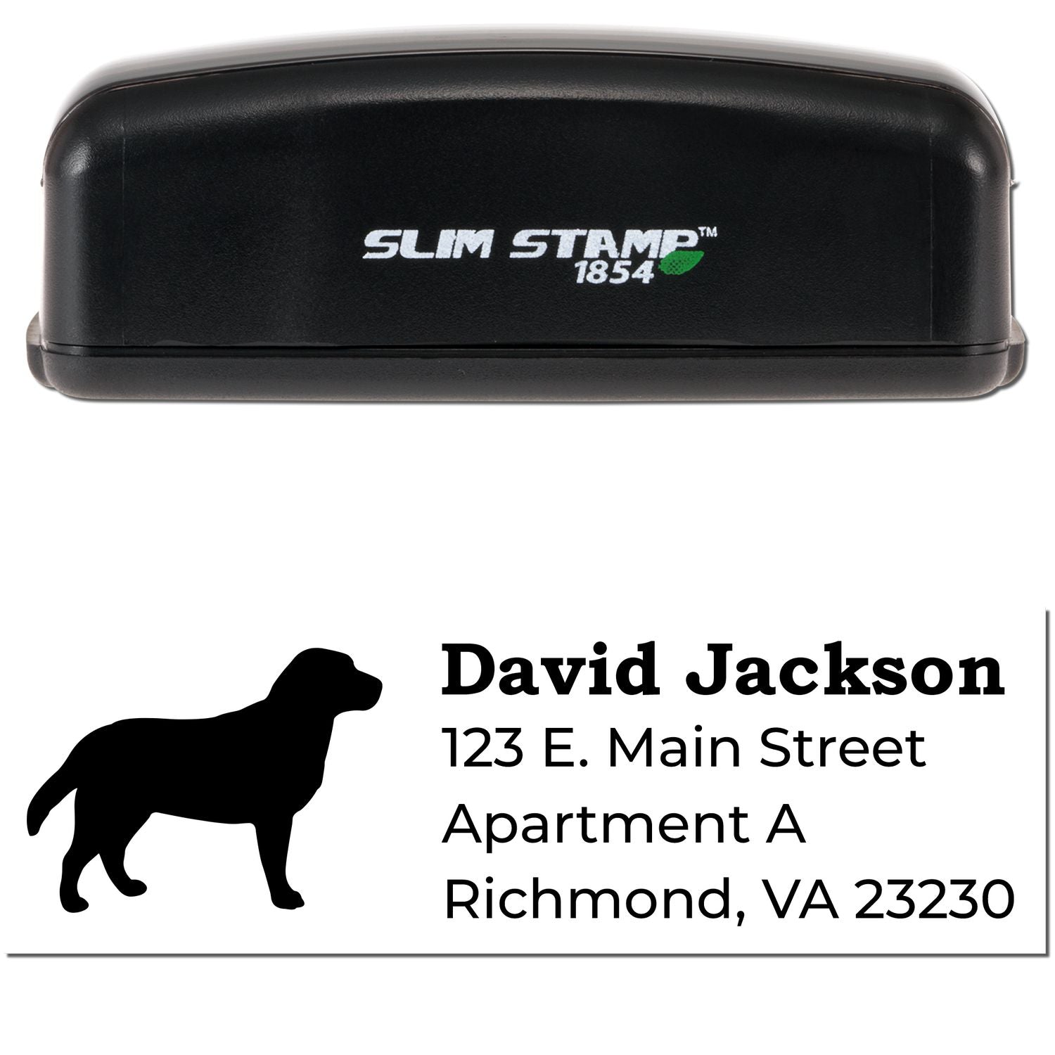 Image of a Slim Pre-Inked Labrador Address Stamp featuring a black casing with Slim Stamp 1854 logo and a sample address with a Labrador silhouette.