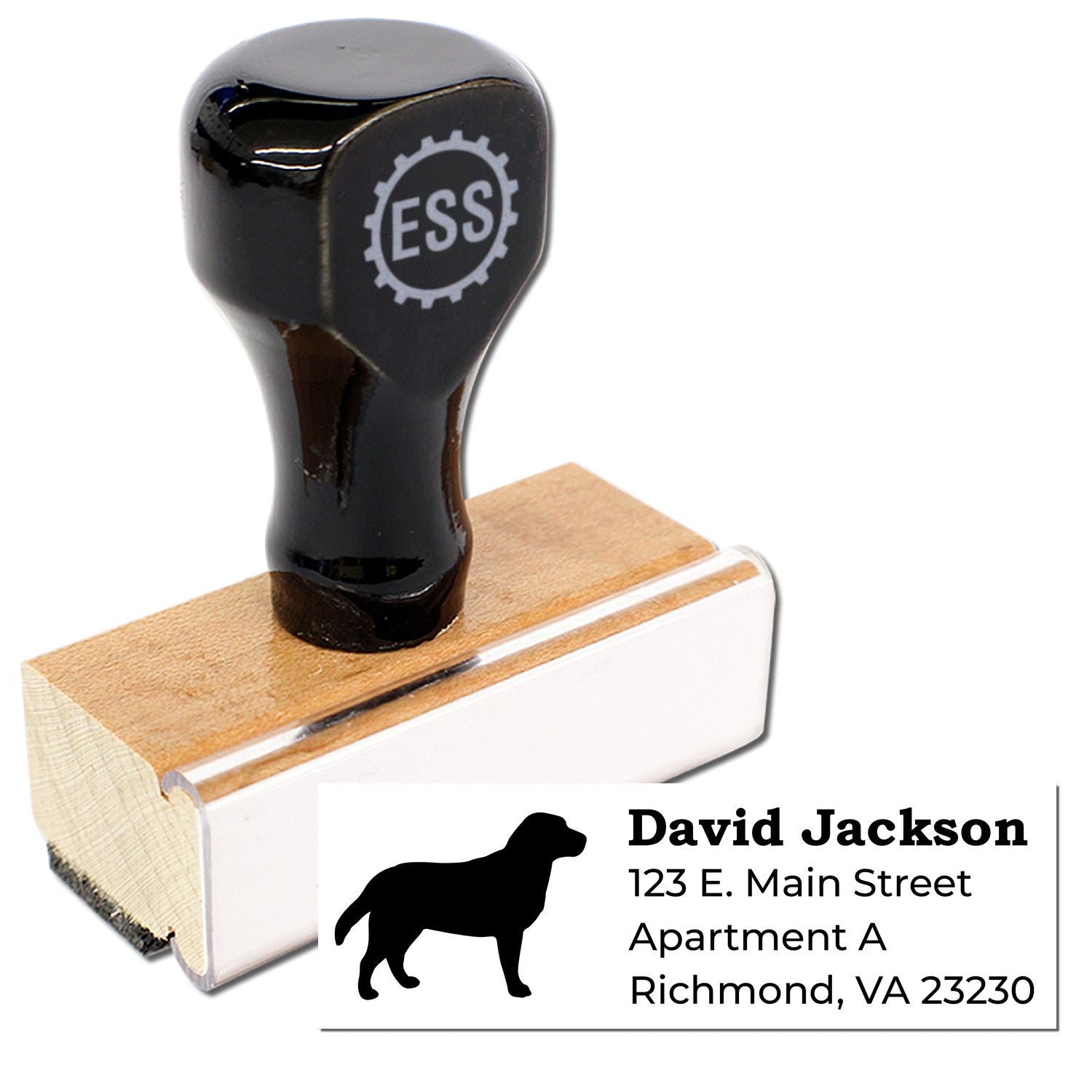 Labrador Silhouette Address Rubber Stamp with a wooden handle and black top. Features a Labrador silhouette and sample address text. Ideal for personalizing mail with a stylish touch.