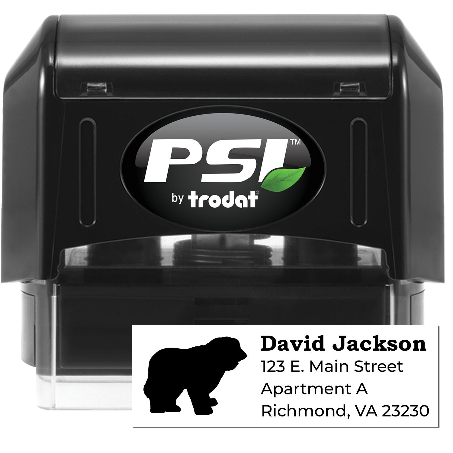 PSI Pre-Inked Personalized Old English Sheepdog Address Stamp featuring a black casing and a silhouette of the dog. Customizable with name and address, ideal for personalizing mail.