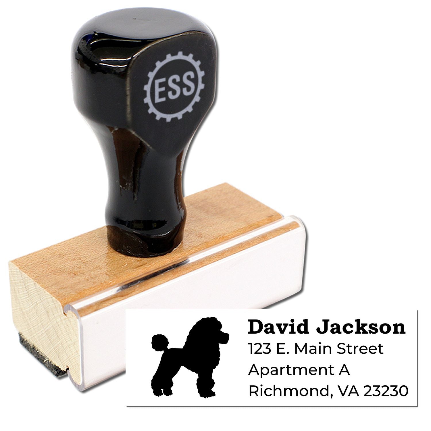 Poodle Silhouette Address Rubber Stamp with a wooden handle and black top. Features a poodle silhouette next to customizable address text. Ideal for personalizing mail with style.