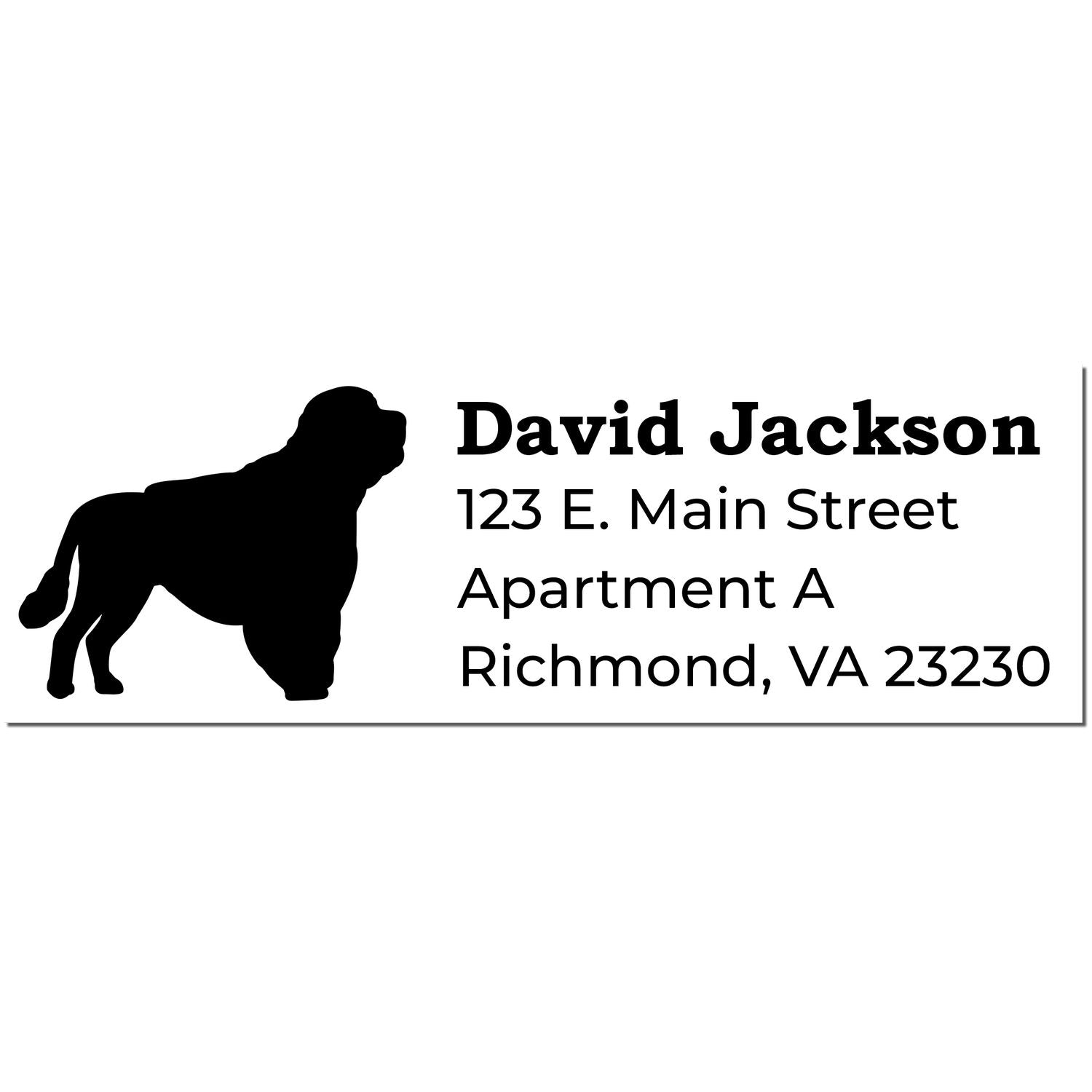 Silhouette of a Portuguese Water Dog on an address rubber stamp with sample text: David Jackson, 123 E. Main Street, Apartment A, Richmond, VA 23230.