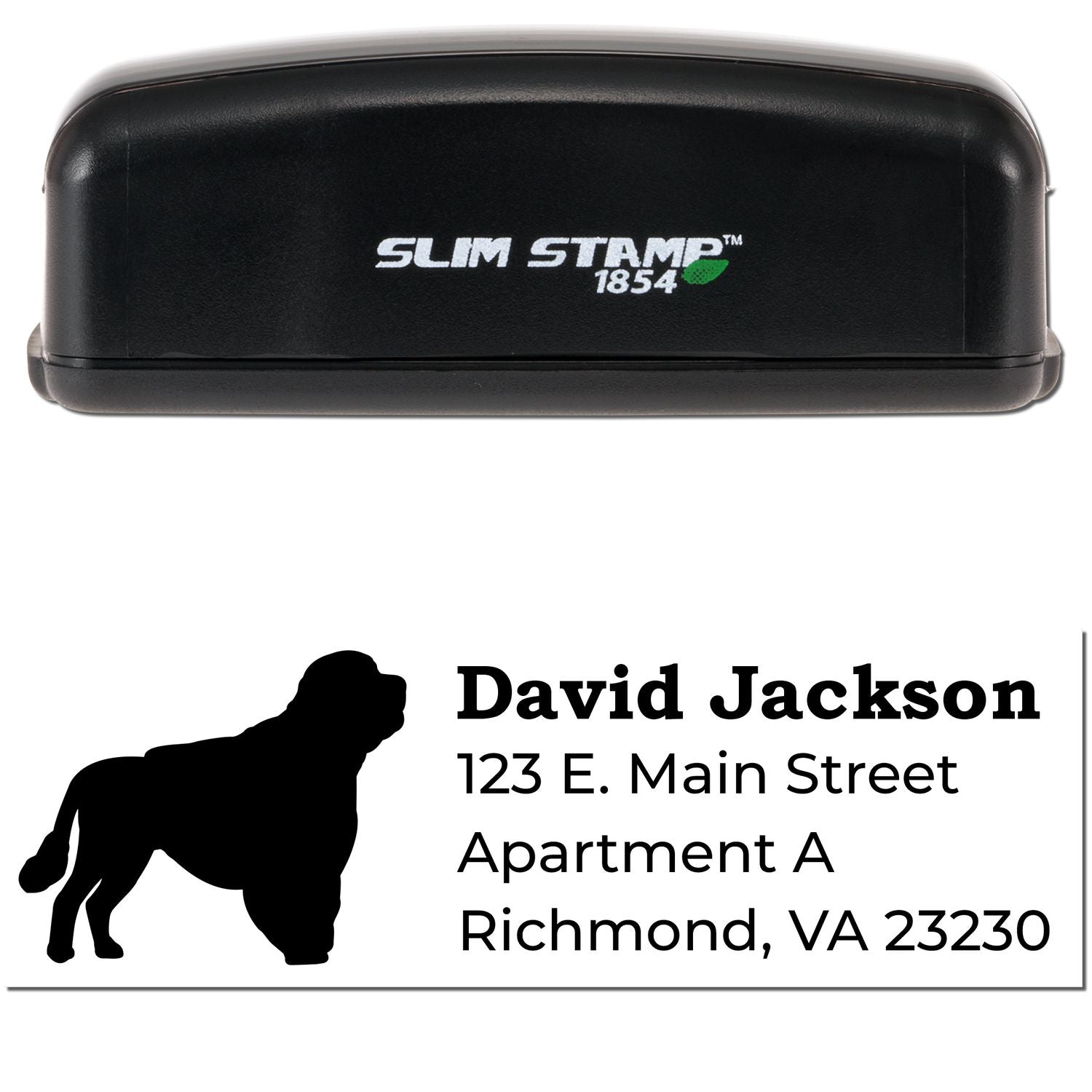 Slim Pre-Inked Portuguese Water Dog Address Stamp with a black silhouette of the dog, personalized with name and address. Compact design, ideal for efficient and stylish mailing.