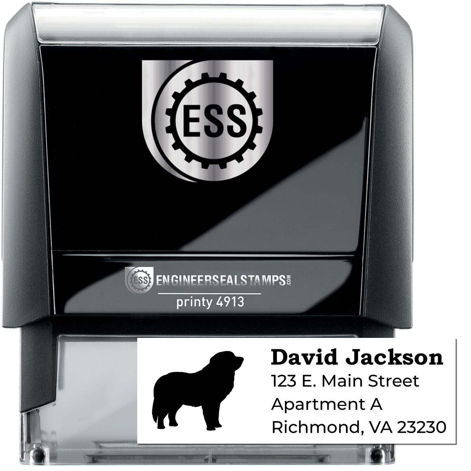 Self-Inking Pyrenees Dog Address Stamp with a silhouette of a Pyrenees dog. Features customizable address text: David Jackson, 123 E. Main Street, Apartment A, Richmond, VA 23230.