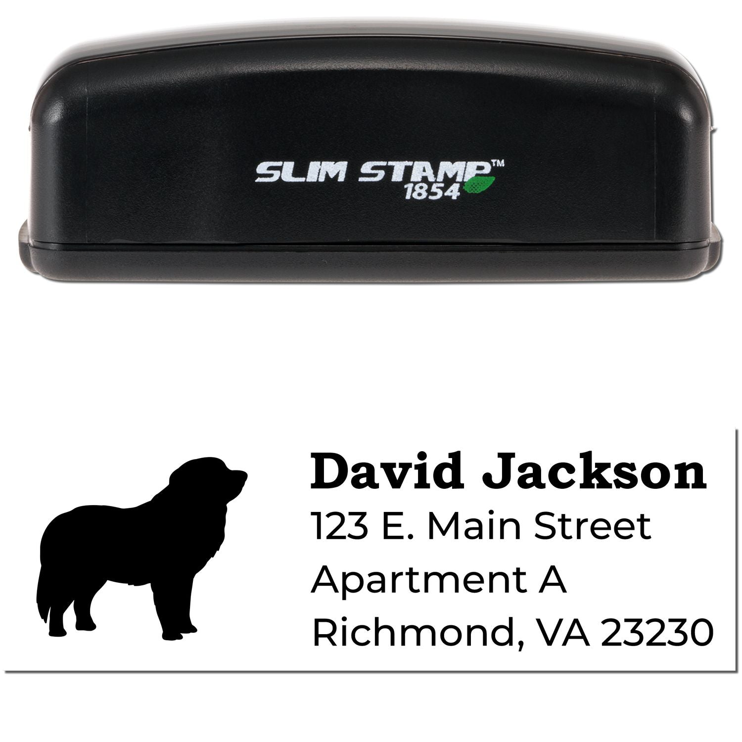 Slim Pre-Inked Pyrenees Address Stamp with a black casing. Below, an example imprint shows a silhouette of a Pyrenees dog and sample address details.