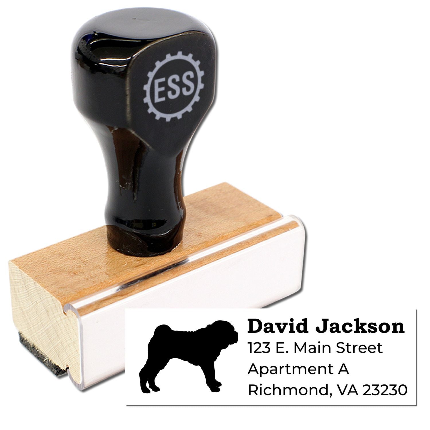 Shar Pei Silhouette Address Rubber Stamp with wooden handle and black top. Features a Shar Pei dog silhouette and customizable address text. Ideal for personalizing mail and stationery.