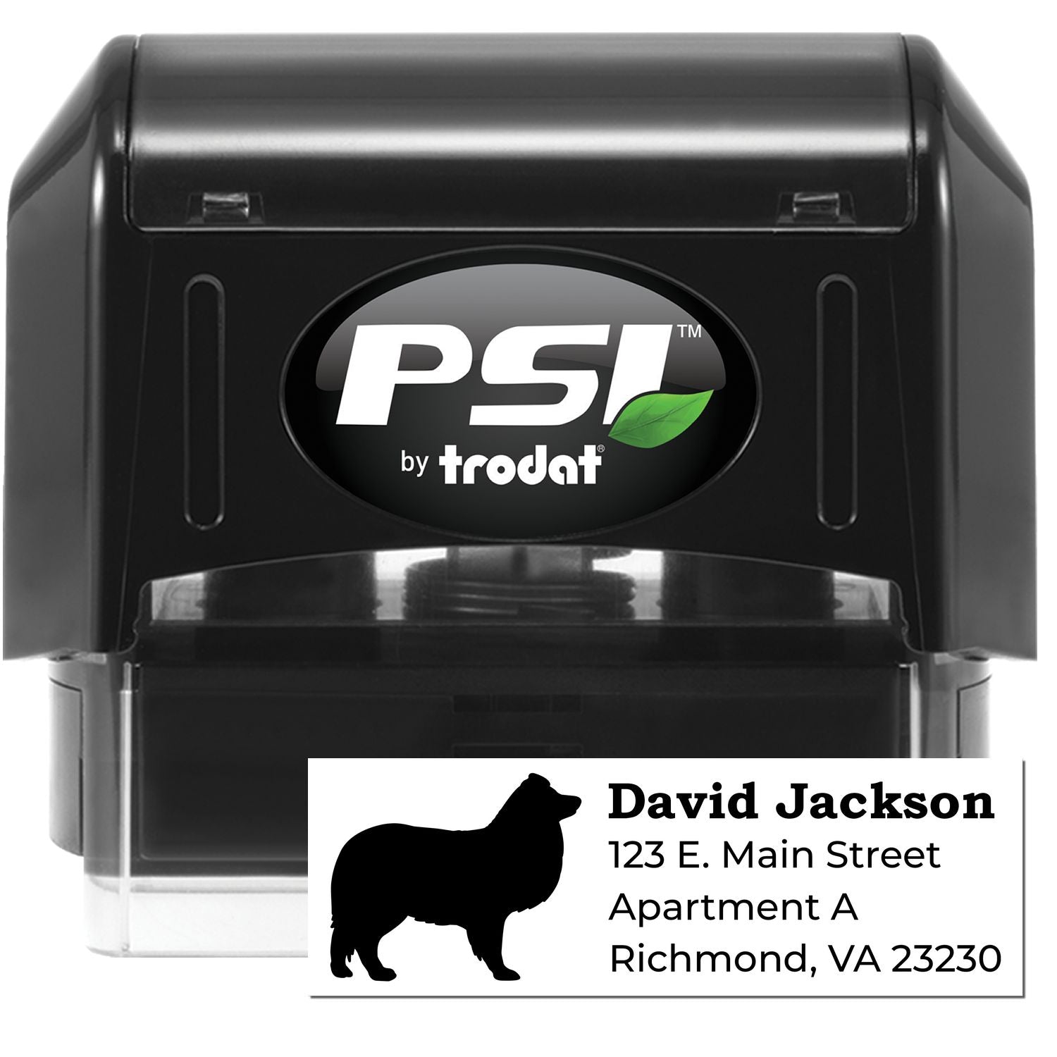 PSI Pre-Inked Personalized Shetland Sheepdog Address Stamp featuring a black casing and a silhouette of a Shetland Sheepdog, with sample address text below.