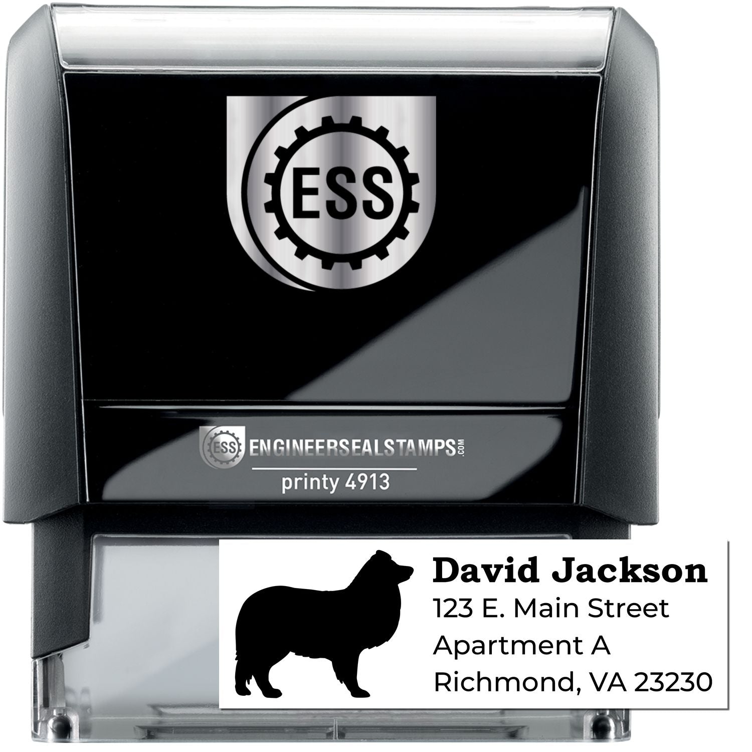 Self-Inking Shetland Sheepdog Dog Address Stamp with a silhouette of a Shetland Sheepdog. Features customizable address text, shown with David Jackson, 123 E. Main Street, Richmond, VA 23230.