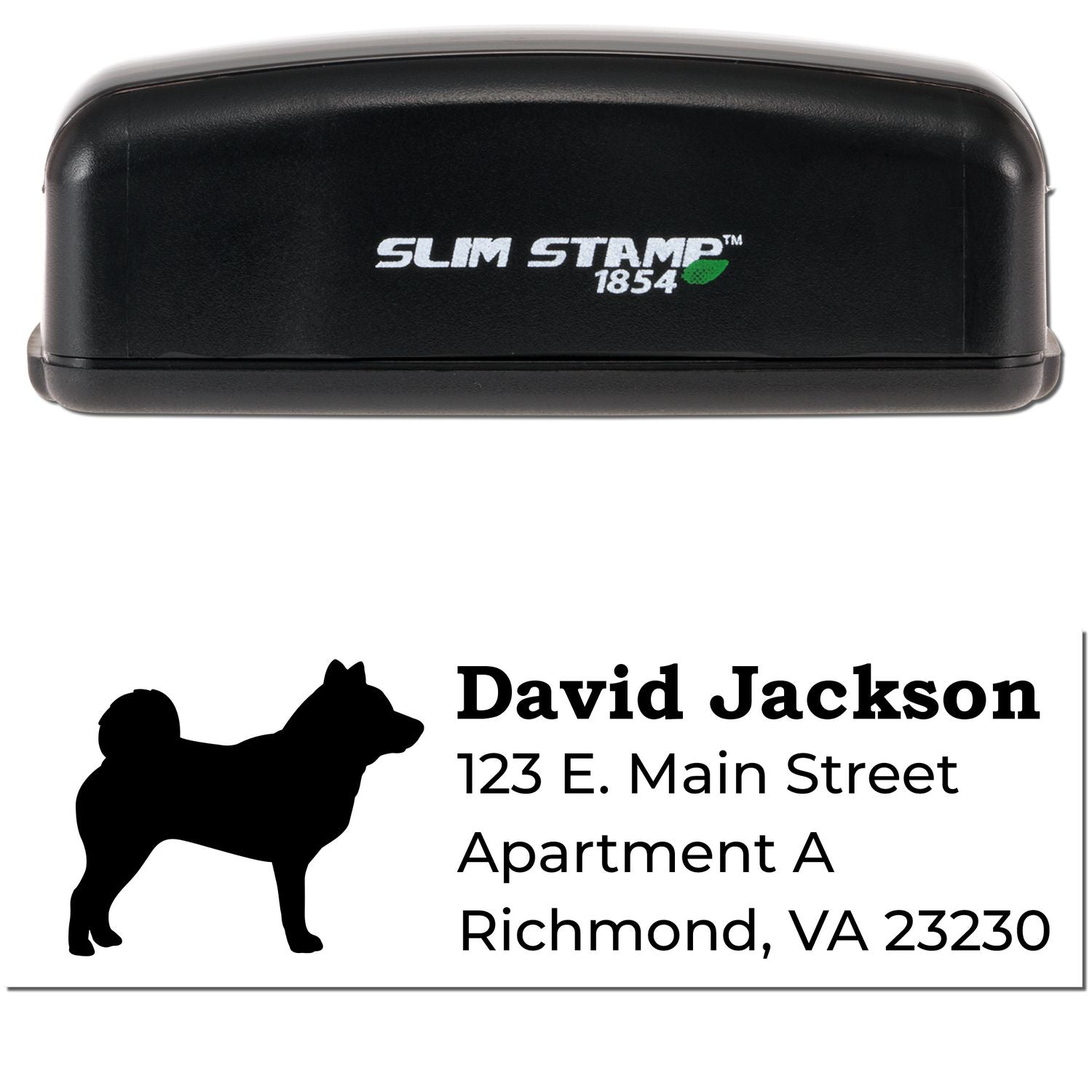 Slim Pre-Inked Shiba Inu Address Stamp with a black casing. Features a Shiba Inu silhouette and sample address text: David Jackson, 123 E. Main Street, Apartment A, Richmond, VA 23230.