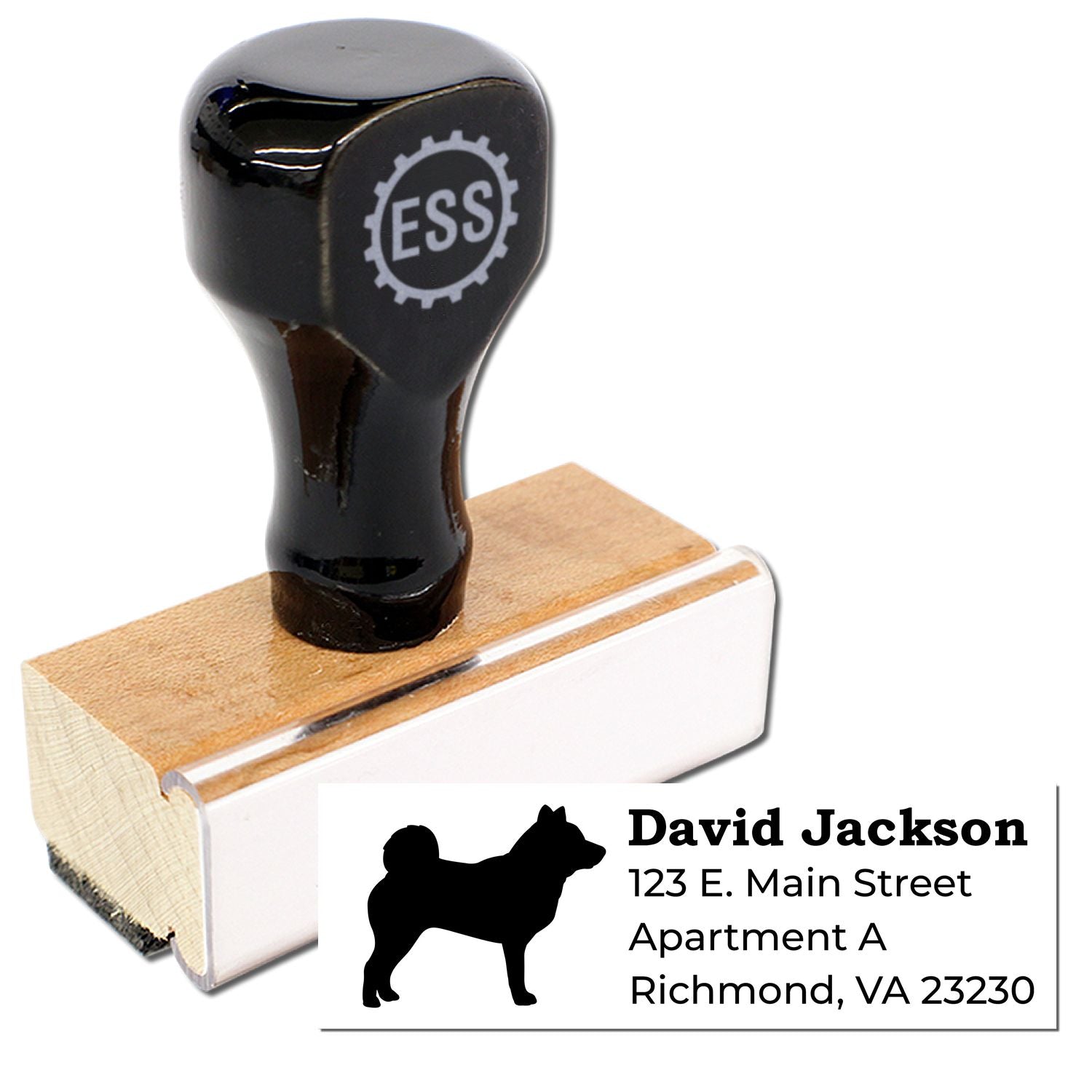 Shiba Inu Silhouette Address Rubber Stamp with a wooden base and black handle. Features a Shiba Inu silhouette and customizable address text. Perfect for personalizing mail and documents.